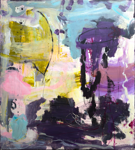 Abstrakt maleri, 100x90 cm, "Live happy" by Lone Reedtz , Abstrakt ekspressivt akrylmaleri på lærred Uden ramme