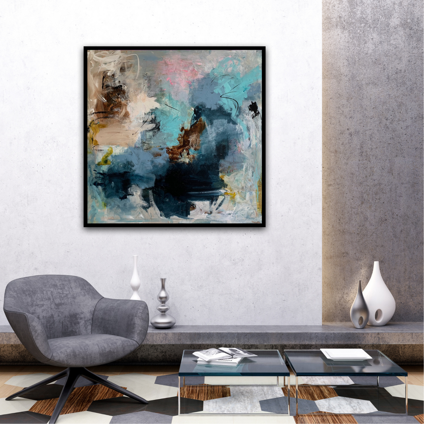 Abstrakt maleri, 100x100 cm, "Dancing Fairies" by Lone Reedtz , Abstrakt ekspressivt akrylmaleri på lærred Med sort svæveramme Blue Yellow