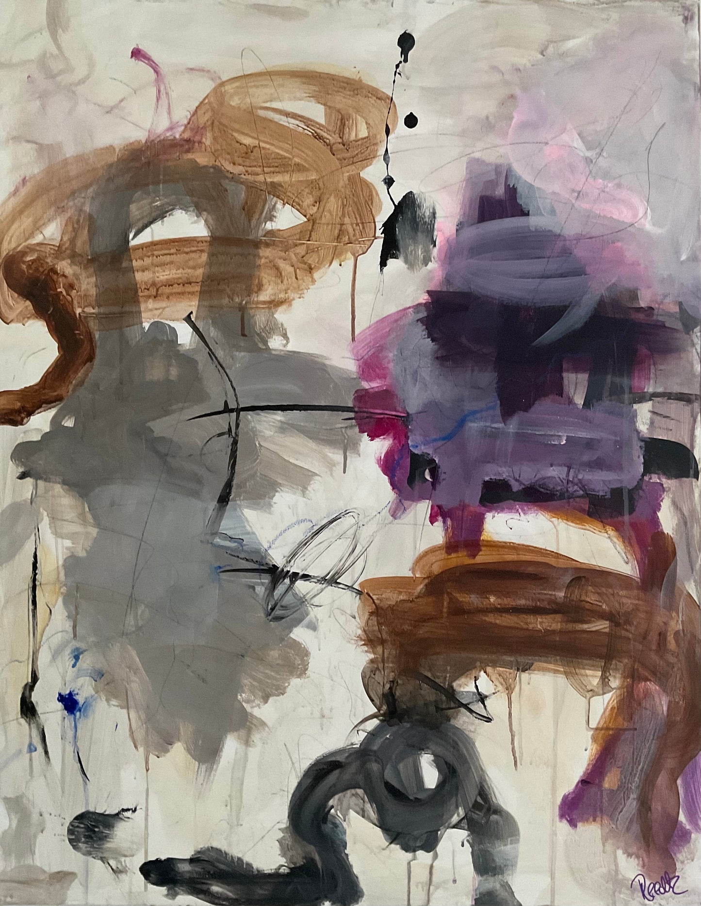 Abstrakt maleri, 90x70 cm, "PURPLE SKY” by Lone Reedtz , Abstrakt ekspressivt akrylmaleri på lærred Uden ramme Black Blue Brown Childish Grey Pink Purple