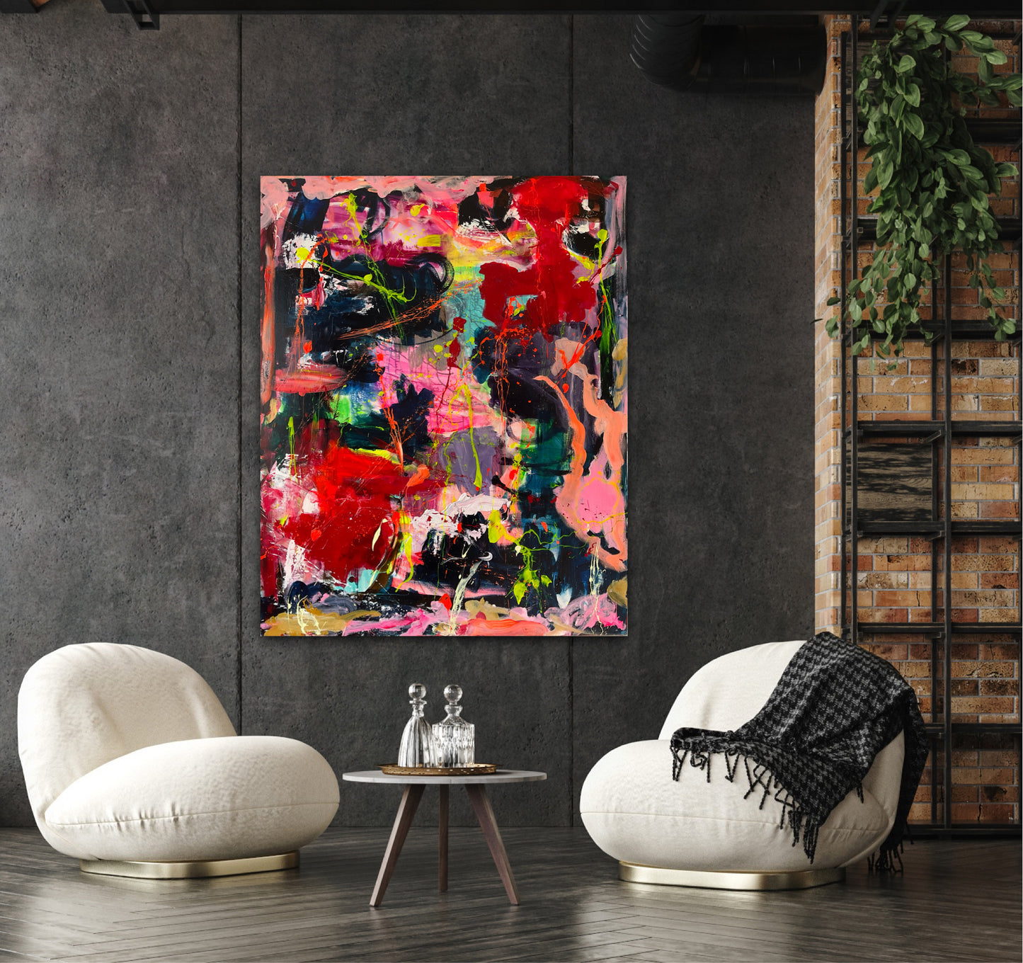Abstrakt maleri, 150x120 cm, "LEGENDE ANSIGTER” by Lone Reedtz , Abstrakt ekspressivt akrylmaleri på lærred