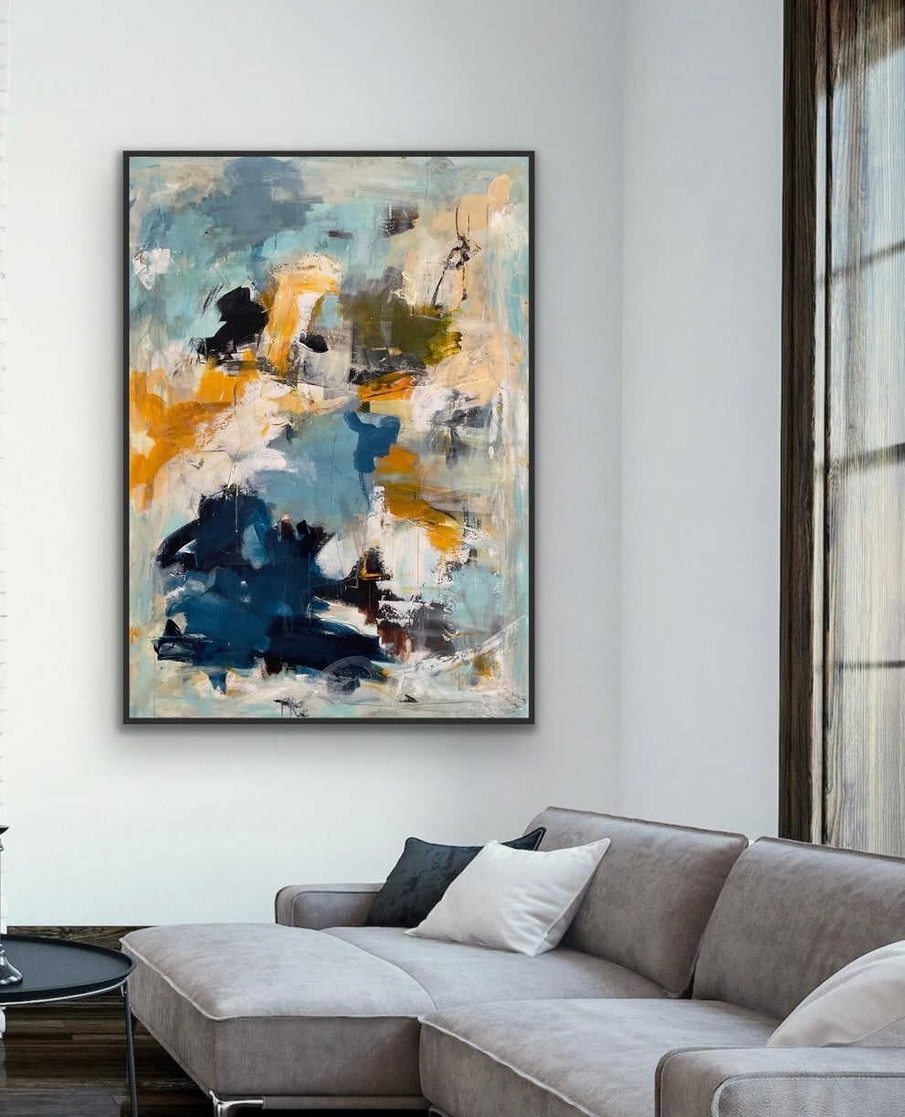Abstrakt maleri, 100x140 cm, "Kindness" by Lone Reedtz , Abstrakt ekspressivt akrylmaleri på lærred Med sort svæveramme