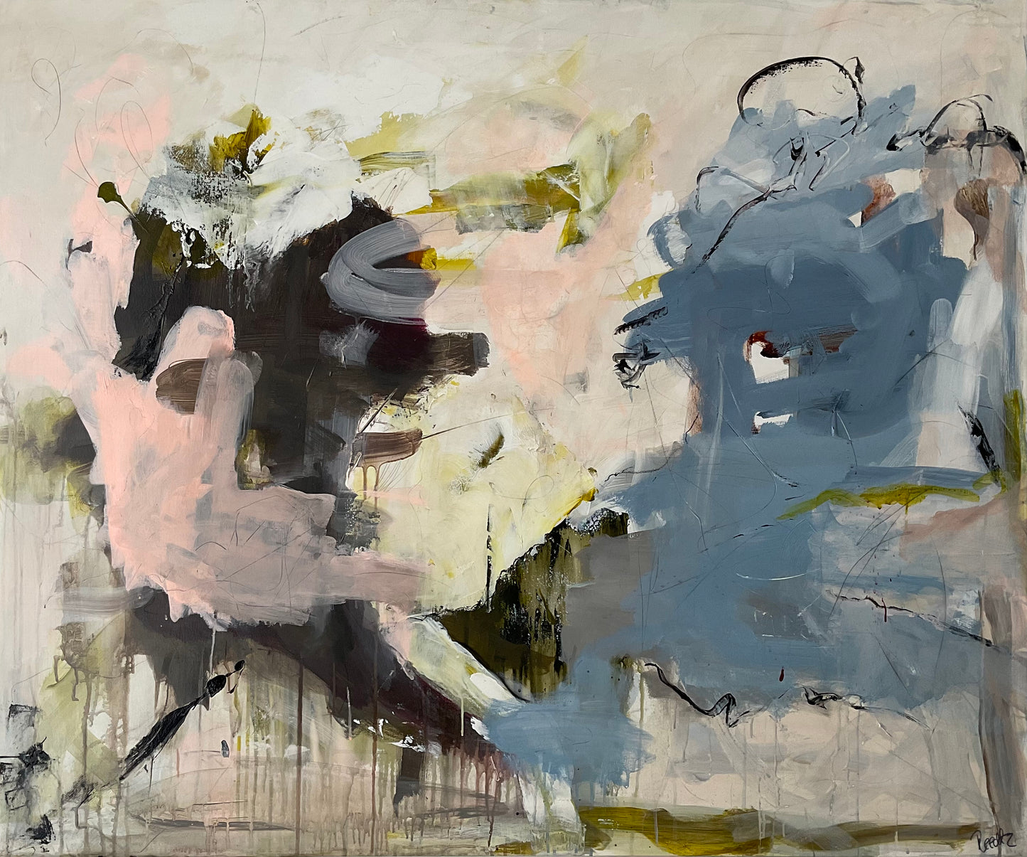 Abstrakt maleri, 100x120 cm, "To the moon and back" by Lone Reedtz , Abstrakt ekspressivt akrylmaleri på lærred
