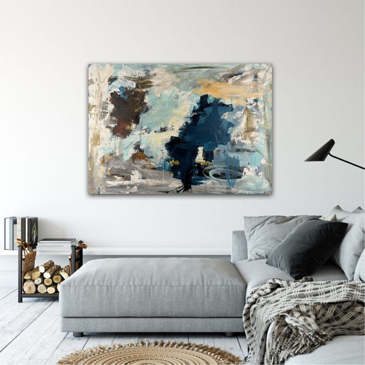 Abstrakt maleri, 100x140 cm, "Dive into the unknown" by Lone Reedtz , Abstrakt ekspressivt akrylmaleri på lærred Black Blue Brown Grey Ochre Orange Pink White