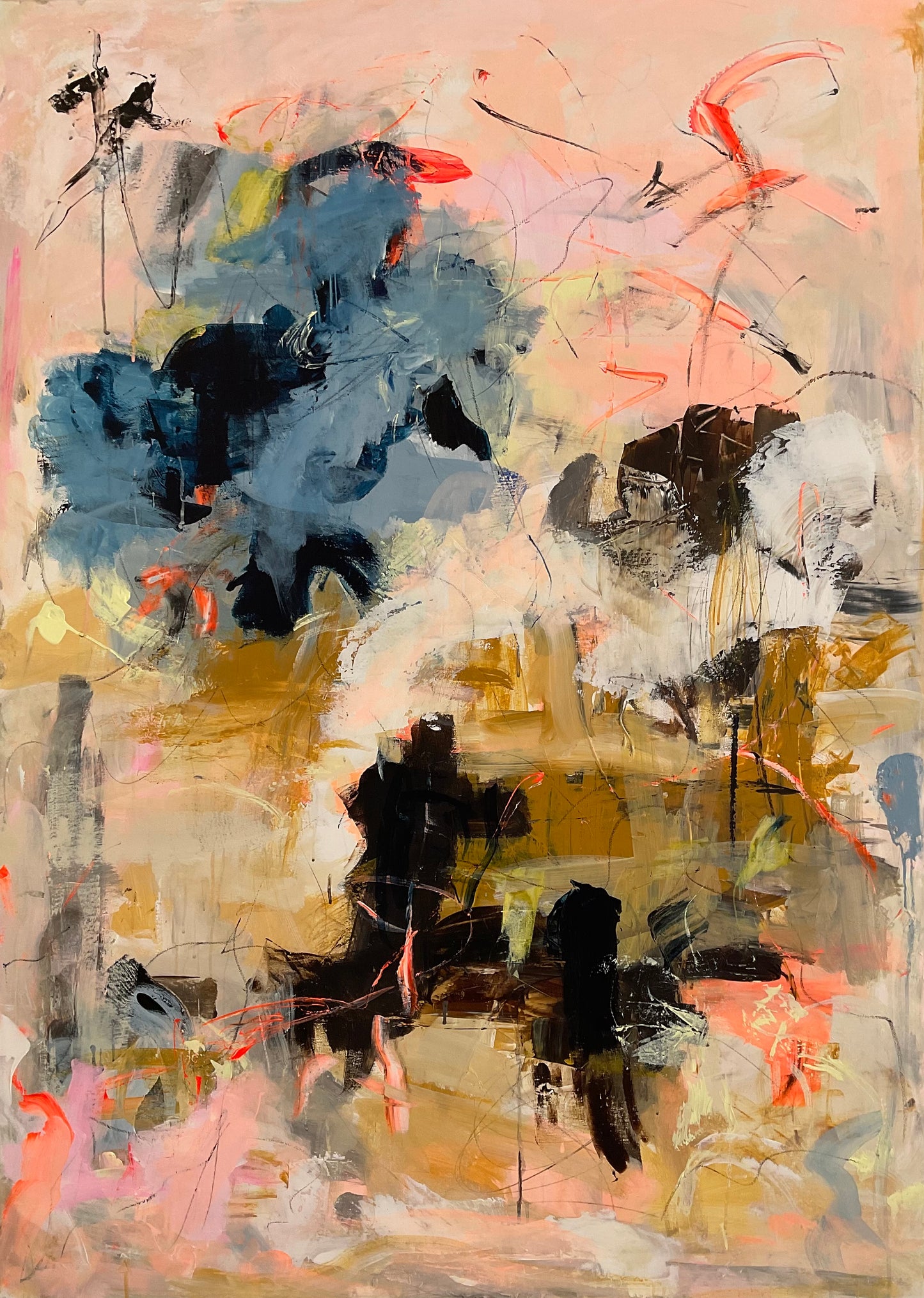 Abstrakt maleri, 100x140 cm, "Lights" by Lone Reedtz , Abstrakt ekspressivt akrylmaleri på lærred Uden ramme