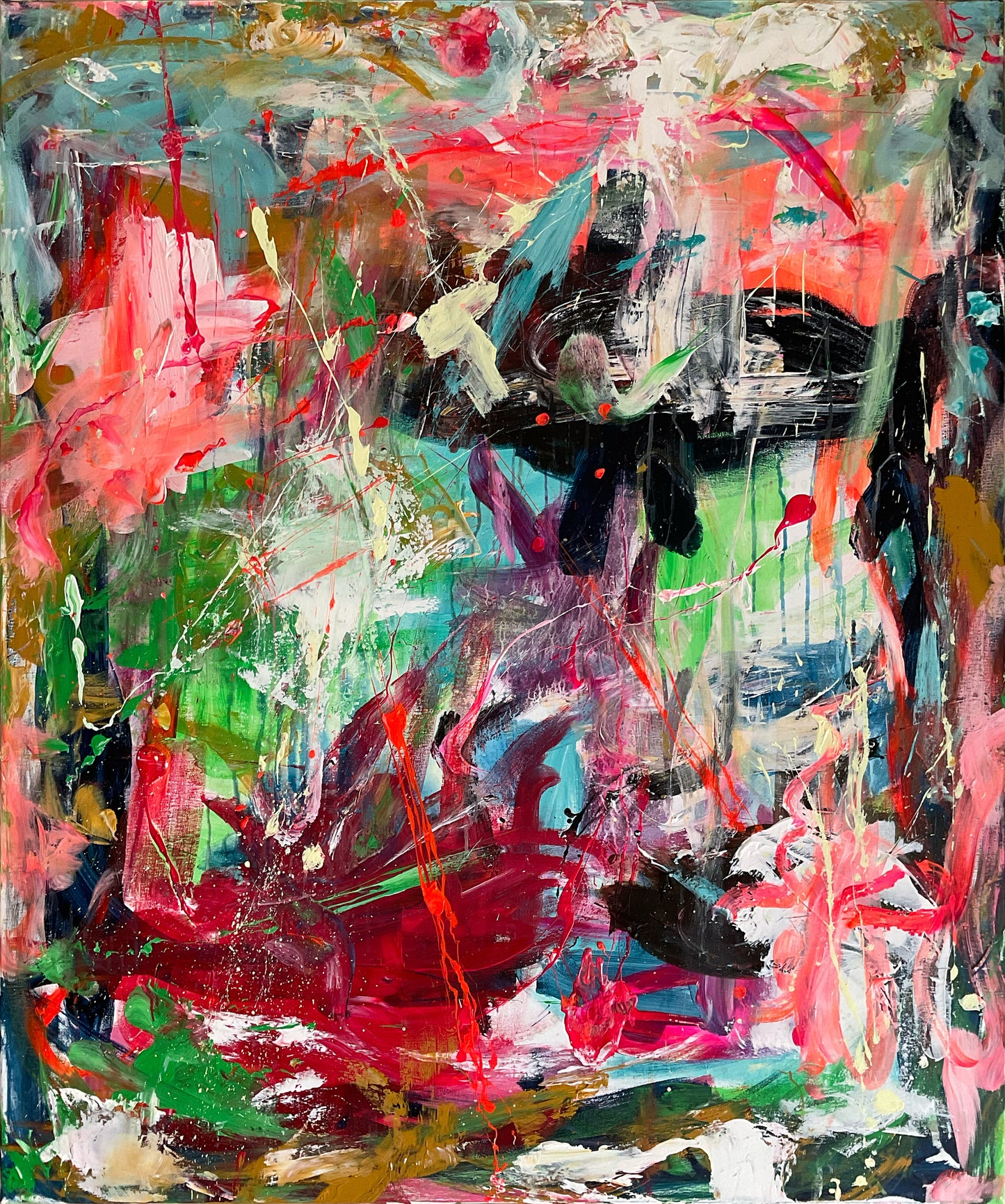 Abstrakt maleri, 120x100 cm, "DEN RØDE BALLON” by Lone Reedtz , Abstrakt ekspressivt akrylmaleri på lærred Uden ramme