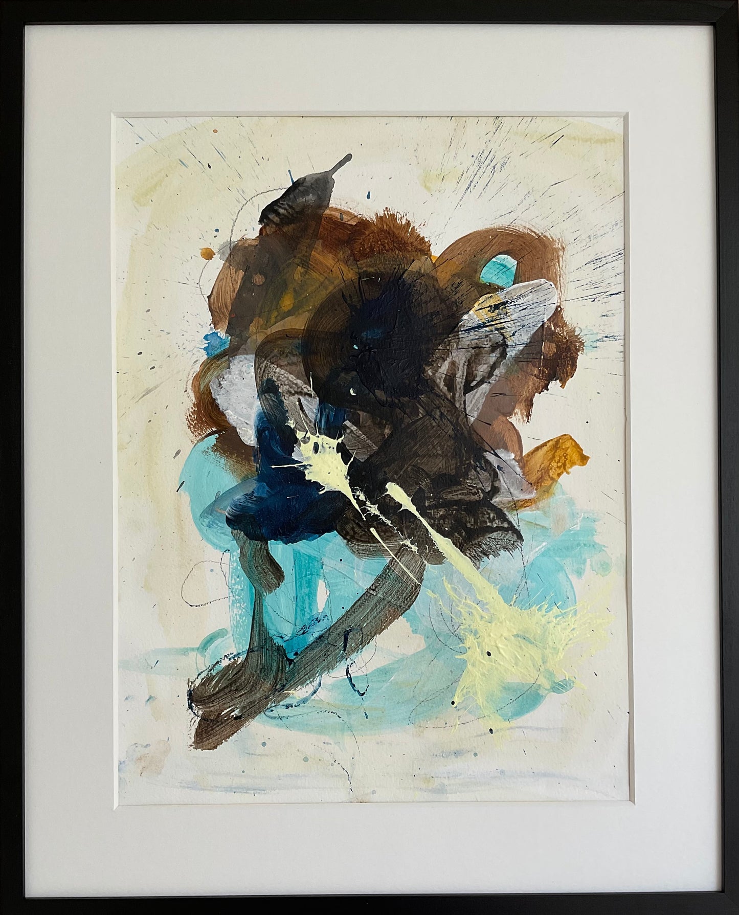 Paperwork nr. 56, 40x50 cm med sort træramme by Lone Reedtz , Abstrakt ekspressivt akrylmaleri på papir i passepartout