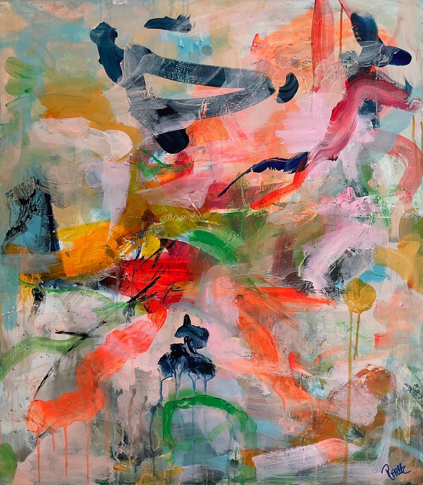 Abstrakt maleri, 70x80 cm, "Golden Circus" by Lone Reedtz , Abstrakt ekspressivt akrylmaleri på lærred