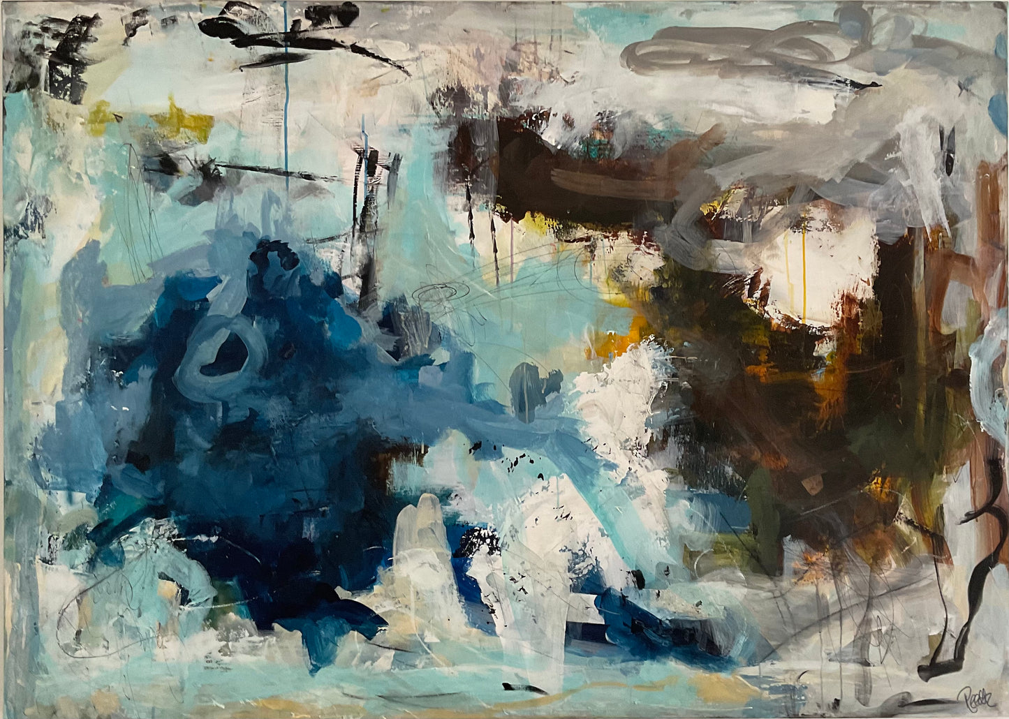 Abstrakt maleri, 100x140 cm, "Grounded" by Lone Reedtz , Abstrakt ekspressivt akrylmaleri på lærred