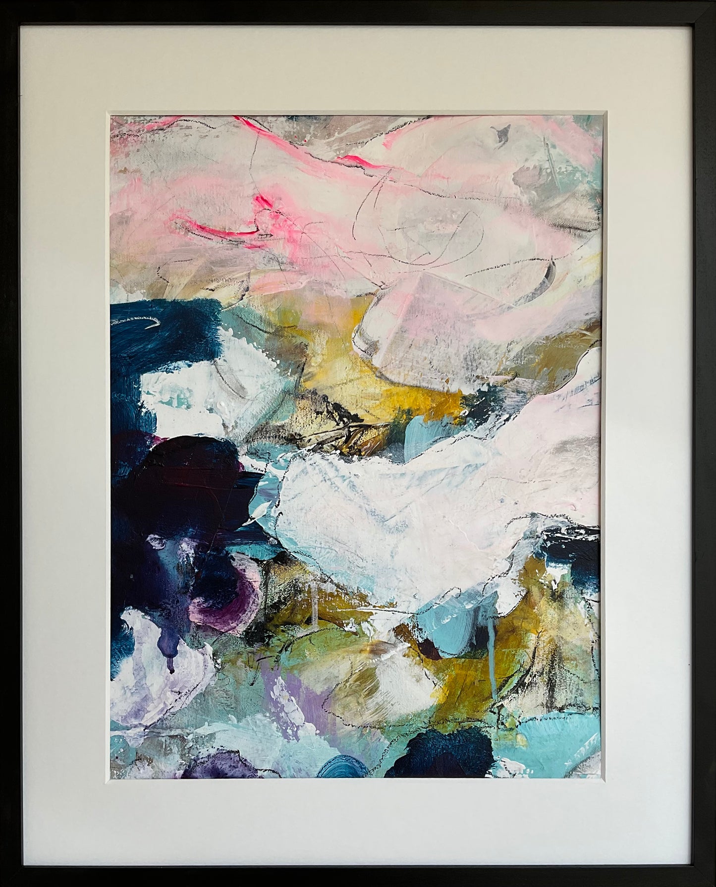 Indrammet lærred 40x50 cm by Lone Reedtz , Abstrakt ekspressivt akrylmaleri på lærred i passepartout Childish