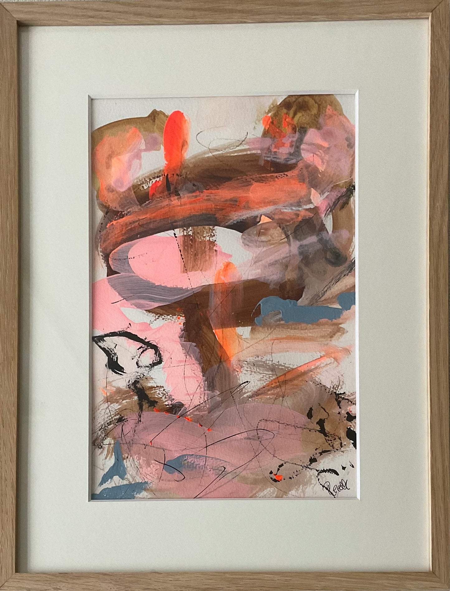 Paperwork nr. 58, 30x40 cm med massiv egetræsramme by Lone Reedtz , Abstrakt ekspressivt akrylmaleri på papir i passepartout Childish