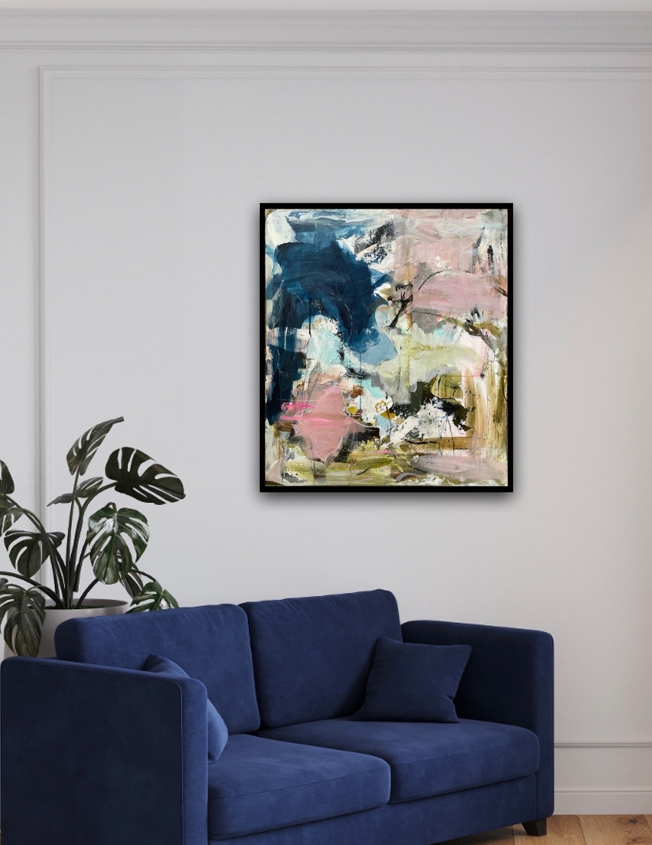 Abstrakt maleri, 80x70 cm, "WAITING FOR YOU" by Lone Reedtz , Abstrakt ekspressivt akrylmaleri på lærred Med sort svæveramme