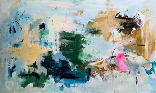 Abstrakt maleri, 90x150 cm, "EN SOMMERDAG” by Lone Reedtz , Abstrakt ekspressivt akrylmaleri på lærred Uden ramme