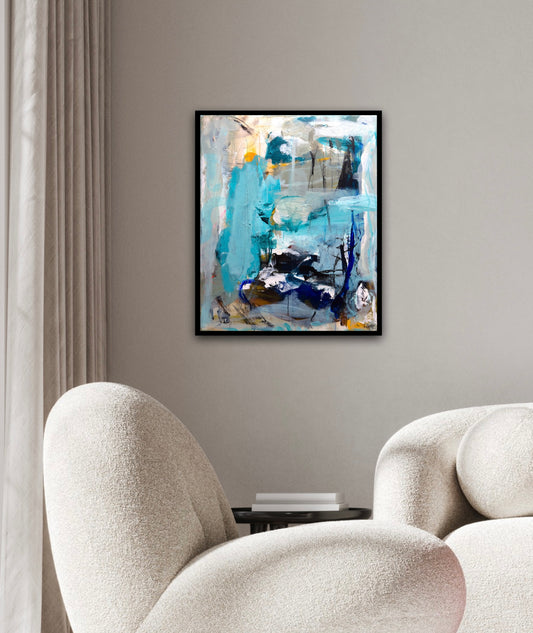 Abstrakt maleri, 60x50 cm, "In your eyes” by Lone Reedtz , Abstrakt ekspressivt akrylmaleri på lærred Med sort svæveramme Black Blue Brown Grey Ochre Orange White