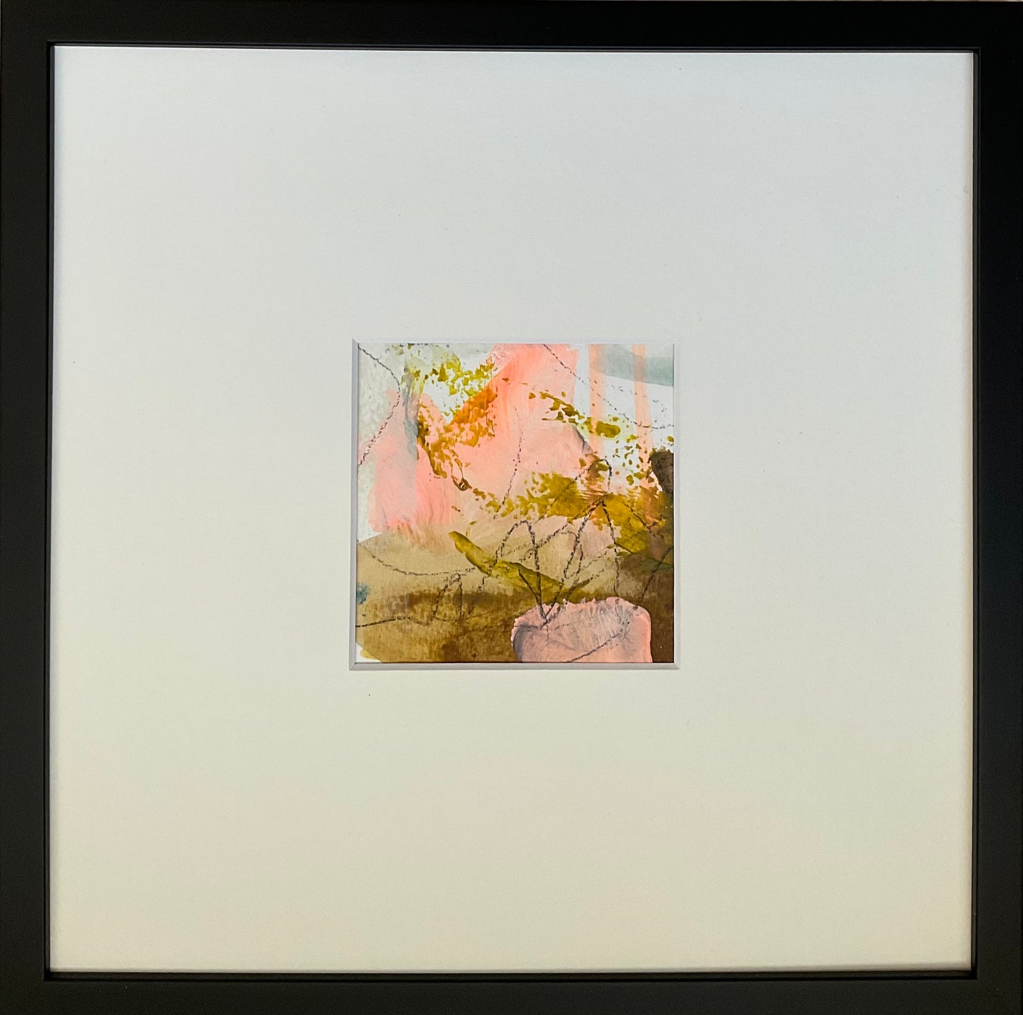 Paperwork nr. 45, 30x30 cm med sort træramme by Lone Reedtz , Abstrakt ekspressivt akrylmaleri på papir i passepartout