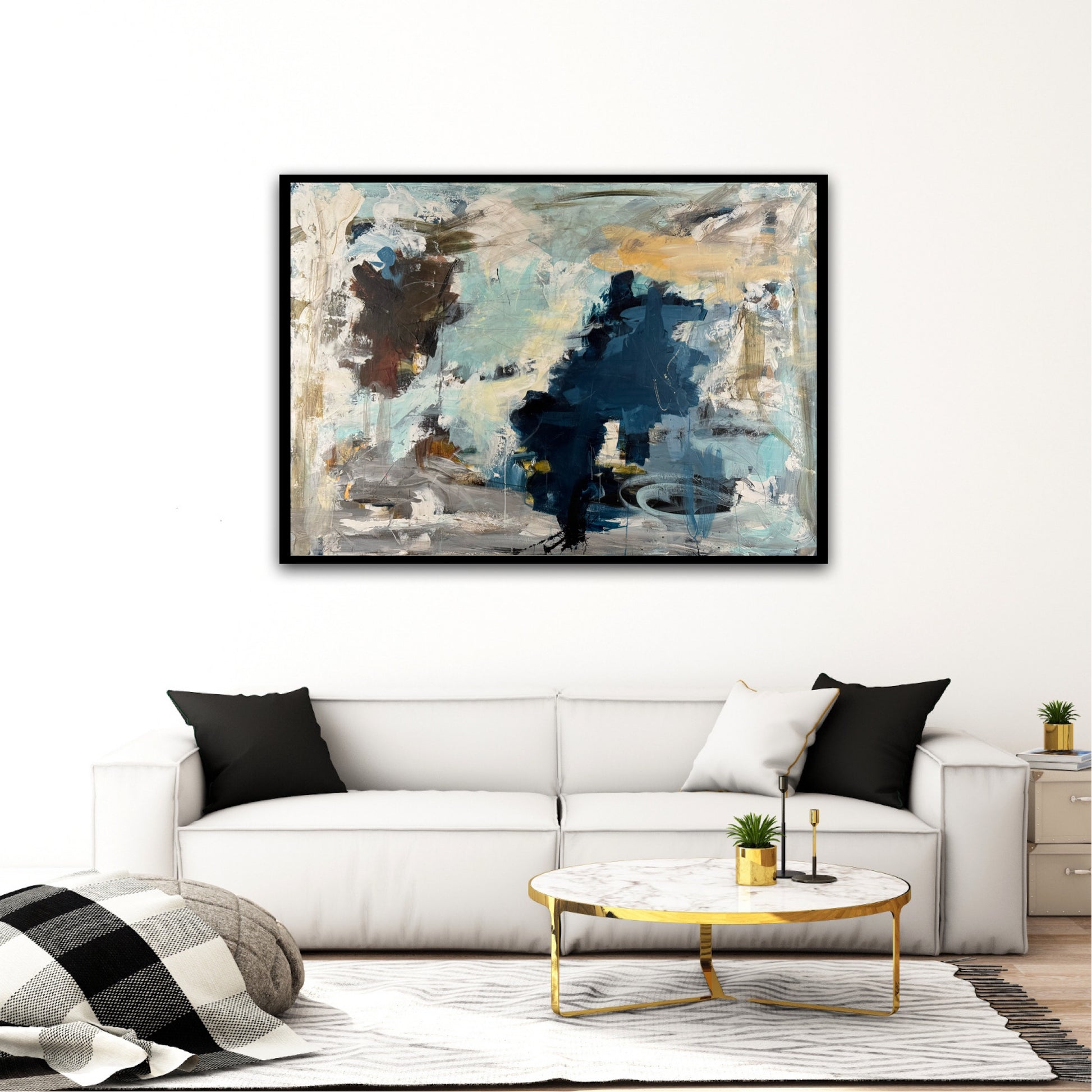 Abstrakt maleri, 100x140 cm, "Dive into the unknown" by Lone Reedtz , Abstrakt ekspressivt akrylmaleri på lærred Med sort svæveramme Black Blue Brown Grey Ochre Orange Pink White