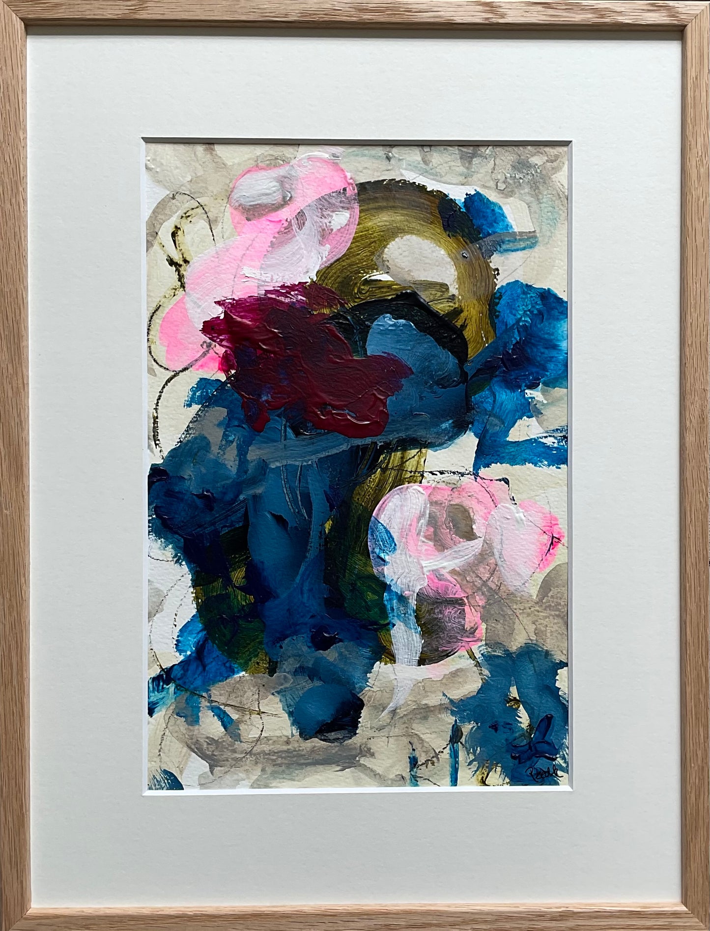 Paperwork nr. 90, 40x30 cm, med sort træramme by Lone Reedtz , Abstrakt ekspressivt akrylmaleri på papir i passepartout Childish