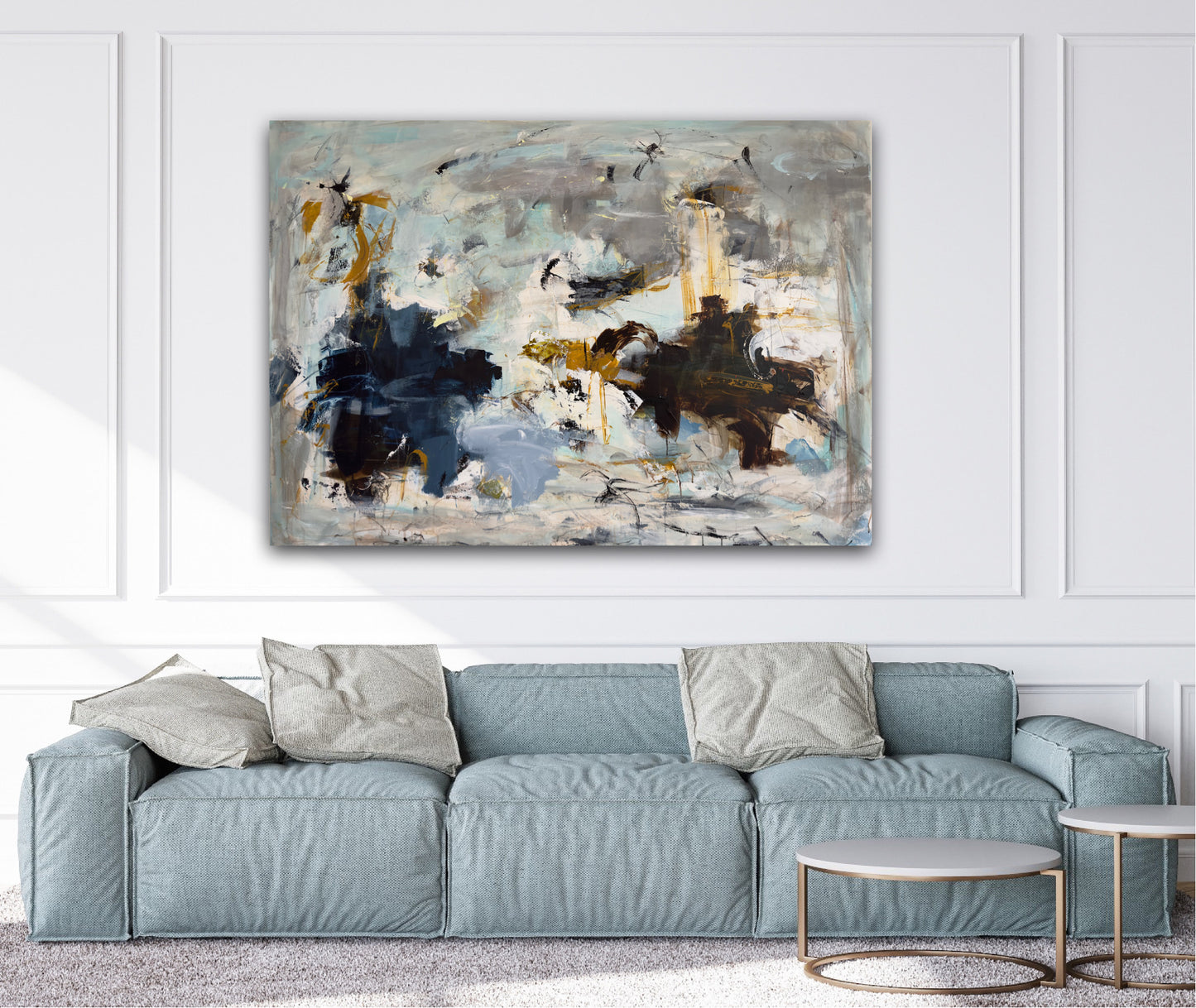 Abstrakt maleri, 140x100 cm, "Fly bird" by Lone Reedtz , Abstrakt ekspressivt akrylmaleri på lærred Black Blue Brown Grey Ochre Orange Pink White