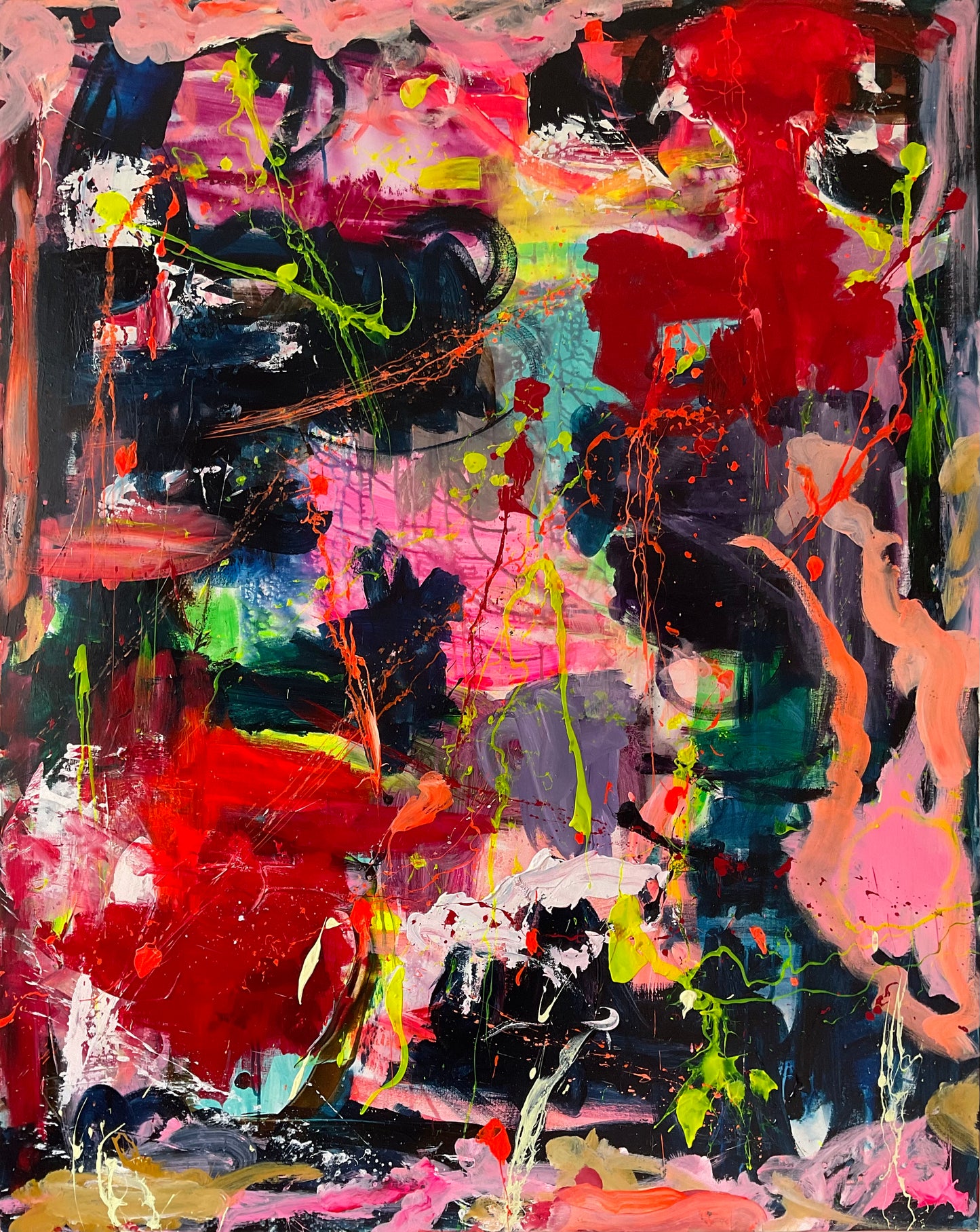 Abstrakt maleri, 150x120 cm, "LEGENDE ANSIGTER” by Lone Reedtz , Abstrakt ekspressivt akrylmaleri på lærred