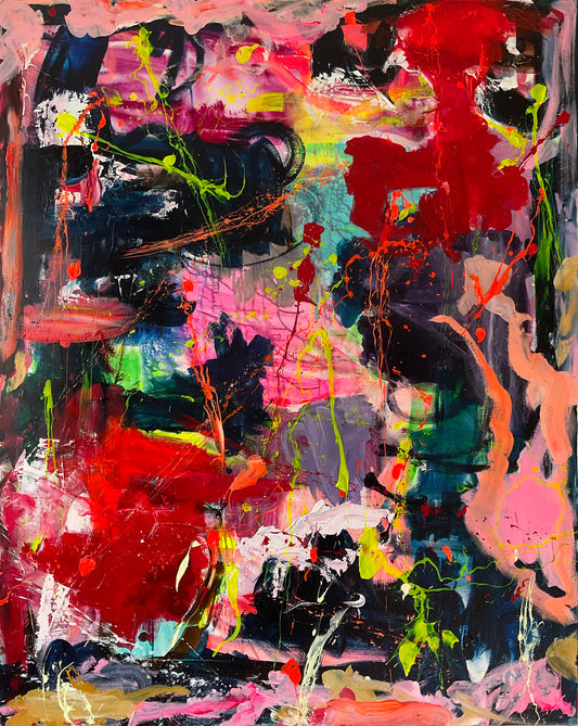 Abstrakt maleri, 150x120 cm, "LEGENDE ANSIGTER” by Lone Reedtz , Abstrakt ekspressivt akrylmaleri på lærred