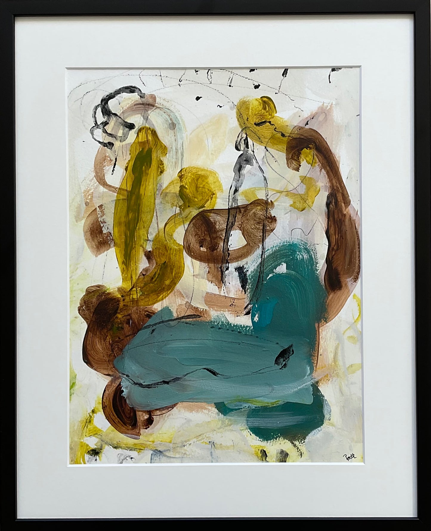 Paperwork nr. 87, 50x40 cm, med sort træramme by Lone Reedtz , Abstrakt ekspressivt akrylmaleri på papir i passepartout Childish