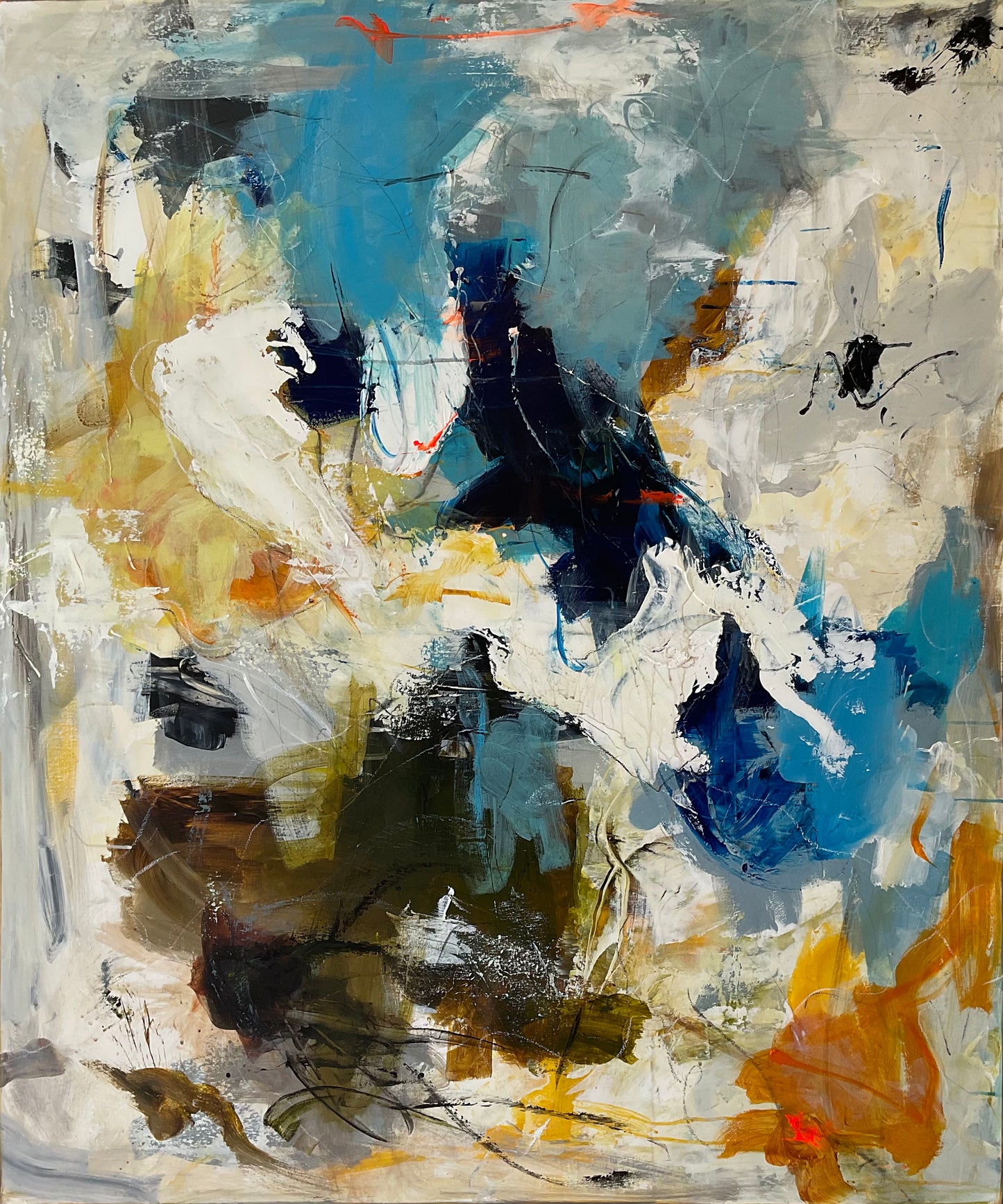 Abstrakt maleri, 120x100 cm, "RELATIONSHIPS” by Lone Reedtz , Abstrakt ekspressivt akrylmaleri på lærred Uden ramme