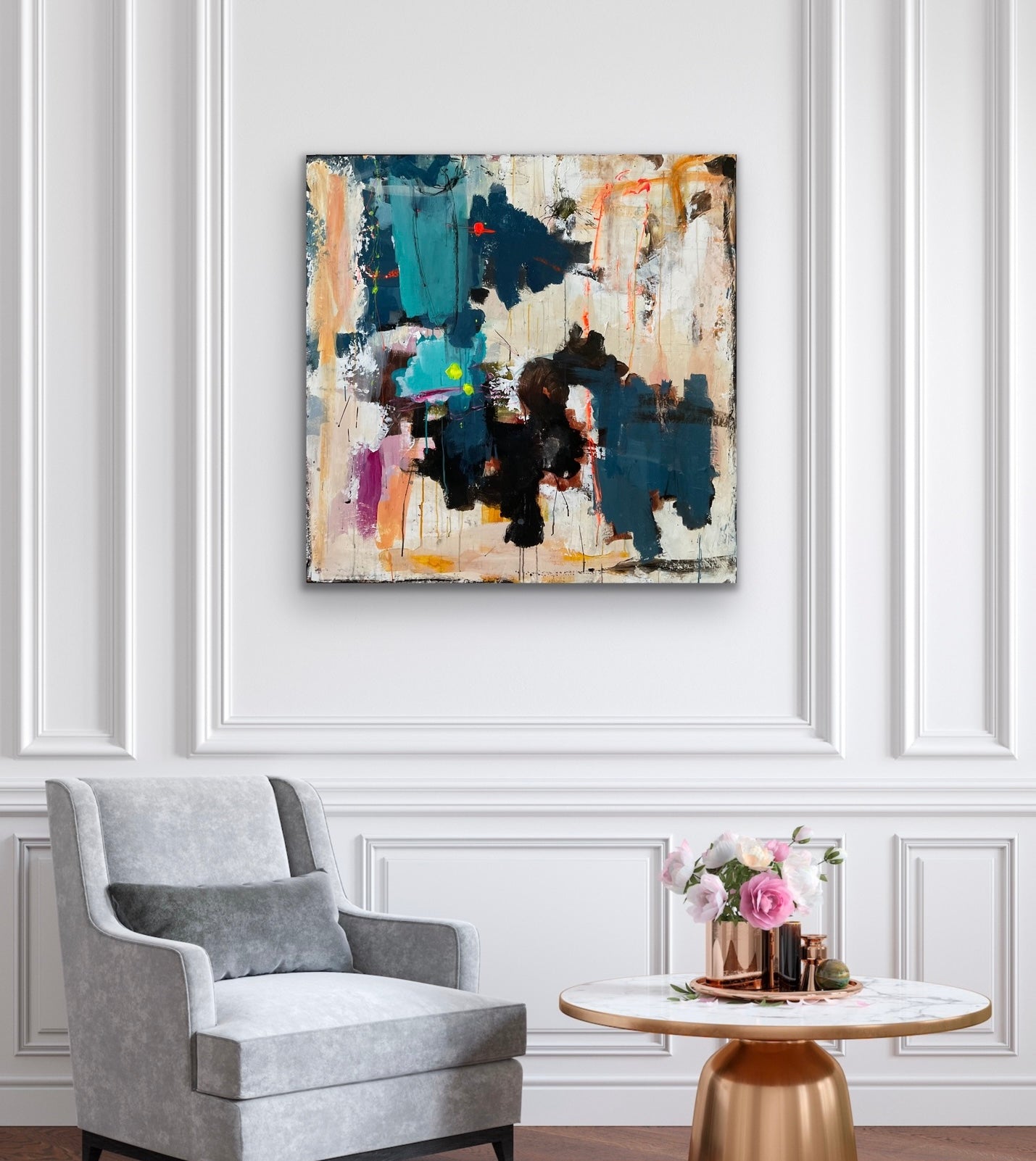 Abstrakt maleri, 100x100 cm, “DIRECTIONS” by Lone Reedtz , Abstrakt ekspressivt akrylmaleri på lærred Blue Brown Green Grey Kunstsamlingen-katalog-2025 Orange Pink White Yellow