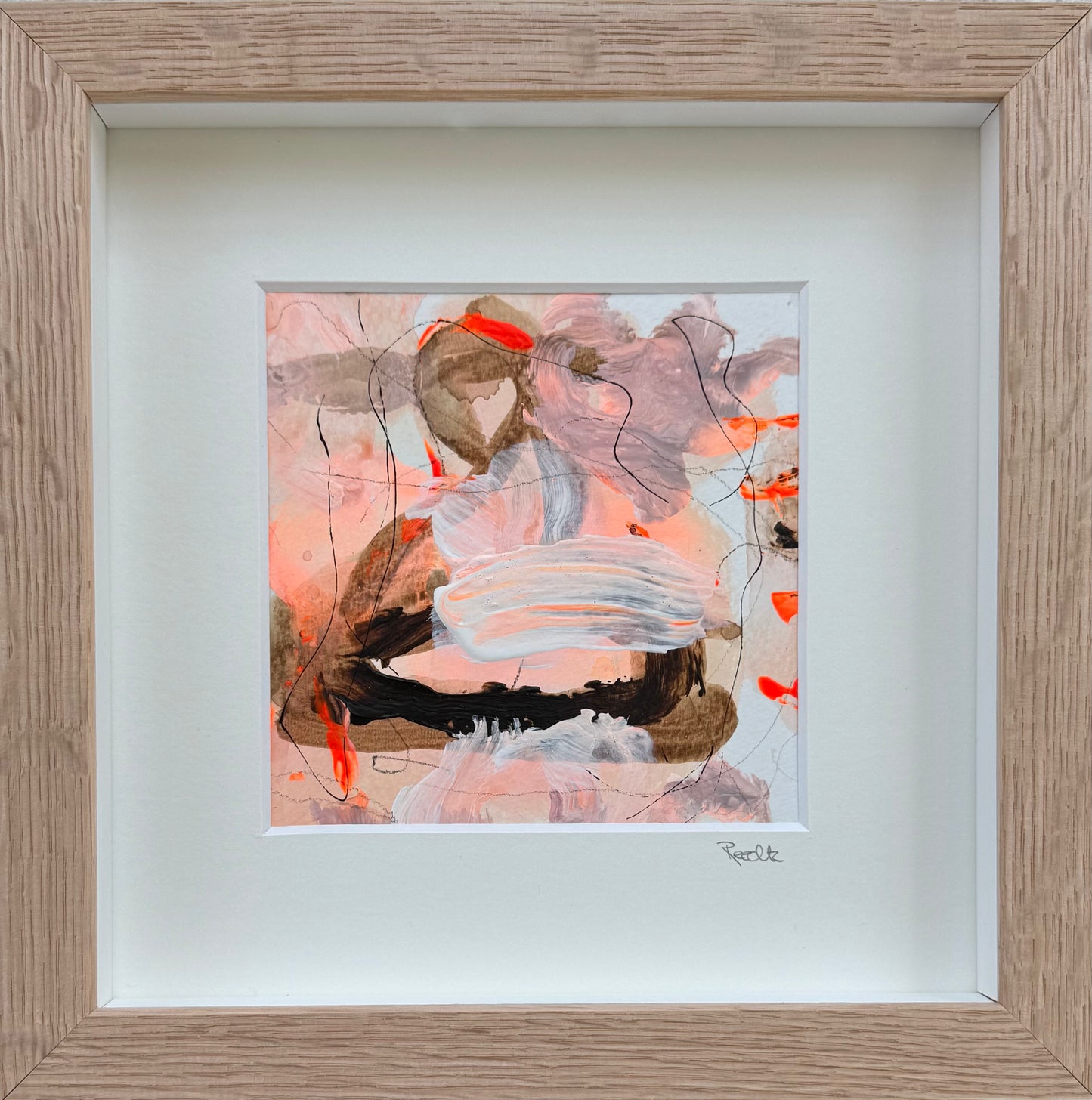 Paperwork nr. 131, 20x20 cm, i boksramme af massivt egetræ by Lone Reedtz , Abstrakt ekspressivt akrylmaleri på papir i passepartout