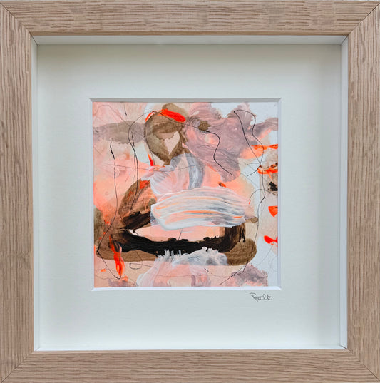 Paperwork nr. 131, 20x20 cm, i boksramme af massivt egetræ by Lone Reedtz , Abstrakt ekspressivt akrylmaleri på papir i passepartout