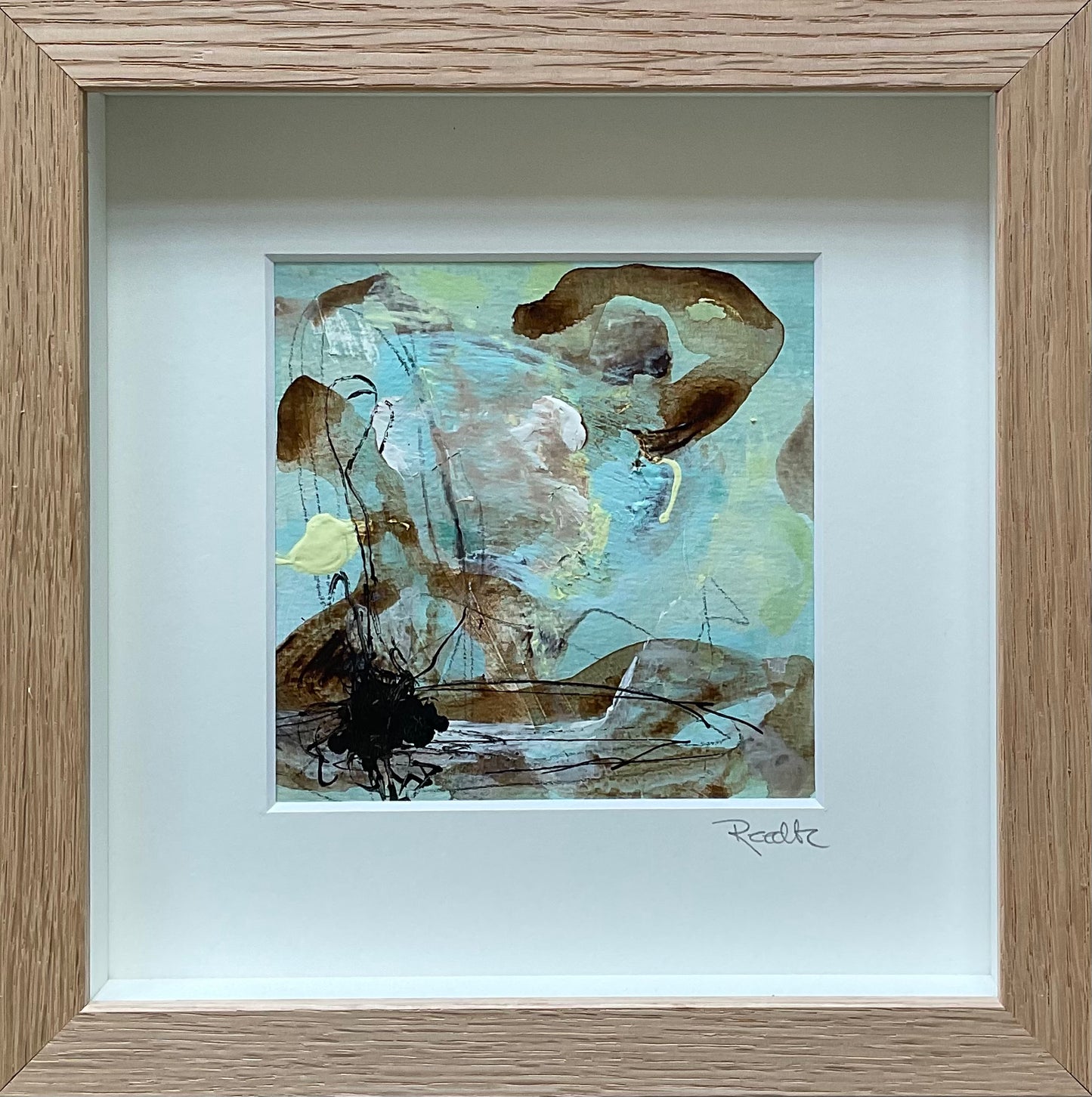 Paperwork, 20x20 cm, i boksramme af massivt egetræ by Lone Reedtz , Abstrakt ekspressivt akrylmaleri på papir i passepartout