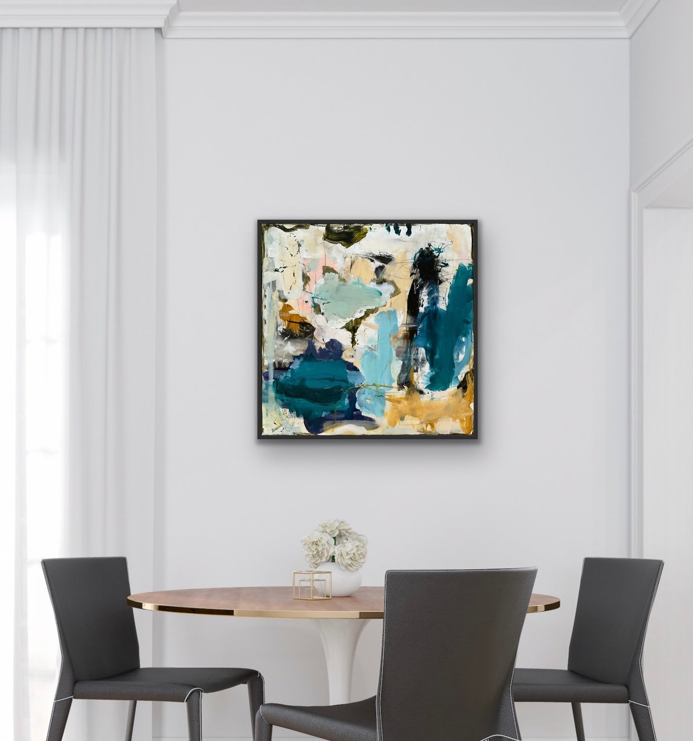Abstrakt maleri, 80x80 cm, ”FLOW” by Lone Reedtz , Abstrakt ekspressivt akrylmaleri på lærred Med sort svæveramme Kunstsamlingen-katalog-2025