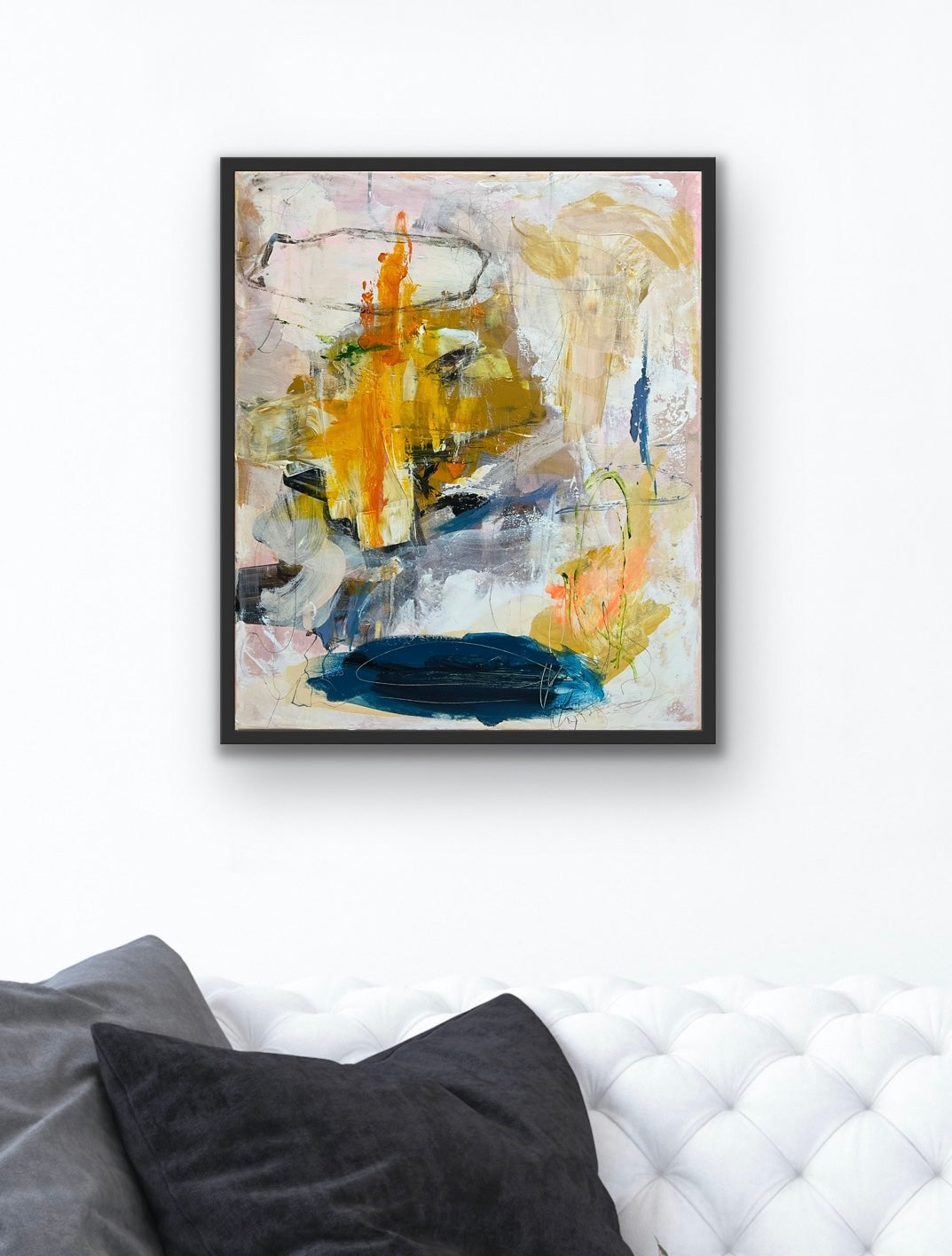 Abstrakt maleri, 60x50 cm, ”HOLD YOUR GROUND” by Lone Reedtz , Abstrakt ekspressivt akrylmaleri på lærred Med sort svæveramme Black Blue Brown Grey Ochre Orange White