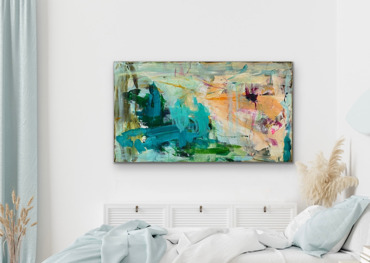 Abstrakt maleri, 80x140 cm, "UNDERNEATH THE SEA” by Lone Reedtz , Abstrakt ekspressivt akrylmaleri på lærred Uden ramme