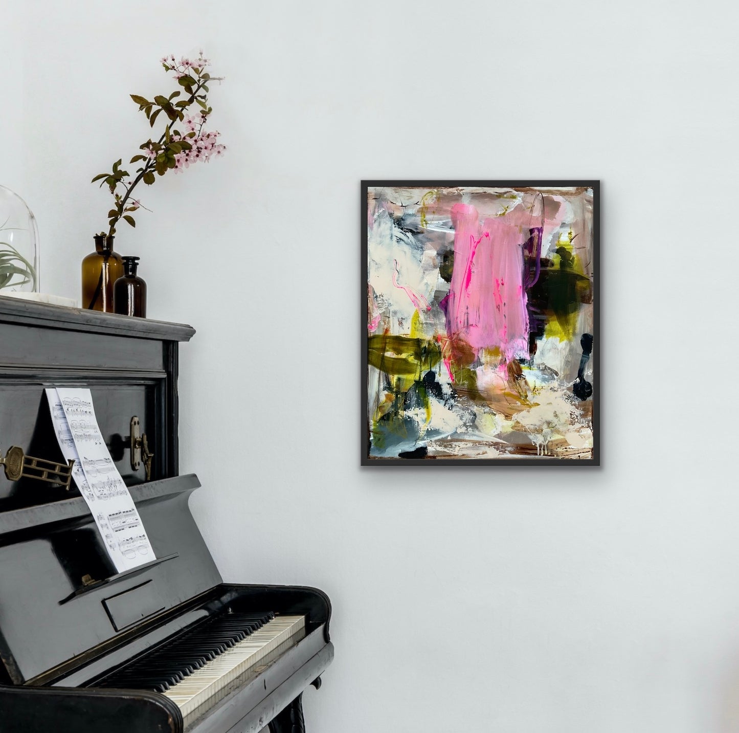 Abstrakt maleri, 60x50 cm, "ERUPTION” by Lone Reedtz , Abstrakt ekspressivt akrylmaleri på lærred Med sort svæveramme