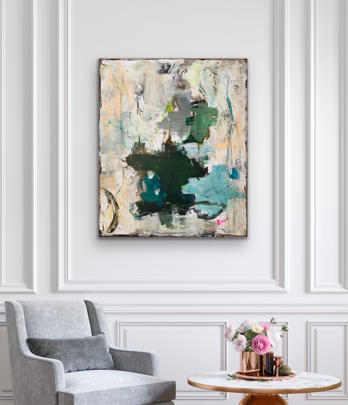 Abstrakt maleri, 120x100 cm, “STRONG” by Lone Reedtz , Abstrakt ekspressivt akrylmaleri på lærred Blue Brown Green Grey Kunstsamlingen-katalog-2025 Orange Pink White Yellow