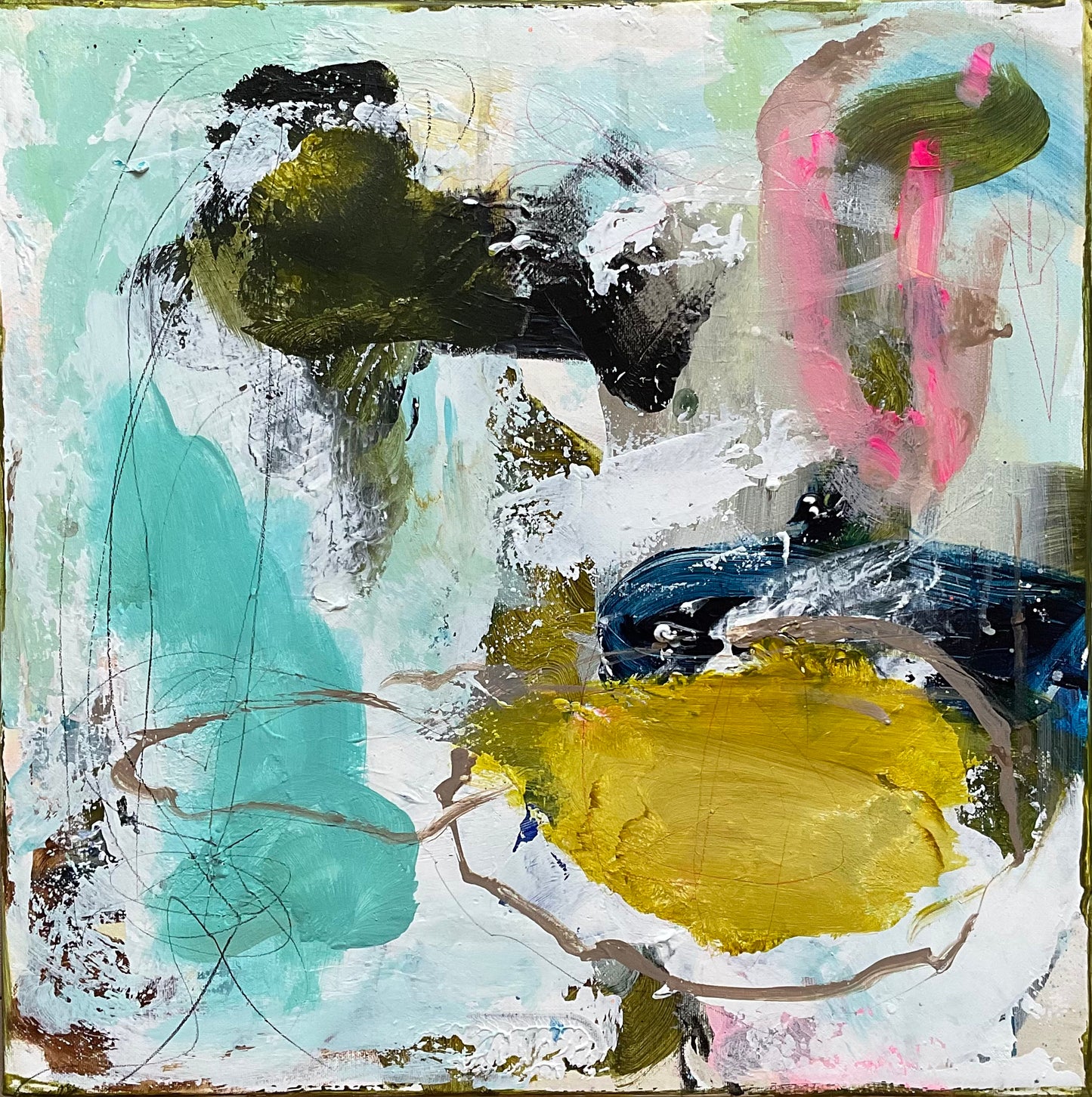 Abstrakt maleri, 40x40 cm, ”SUNSHINE” by Lone Reedtz , Abstrakt ekspressivt akrylmaleri på lærred Uden ramme