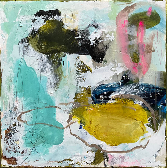Abstrakt maleri, 40x40 cm, ”SUNSHINE” by Lone Reedtz , Abstrakt ekspressivt akrylmaleri på lærred Uden ramme