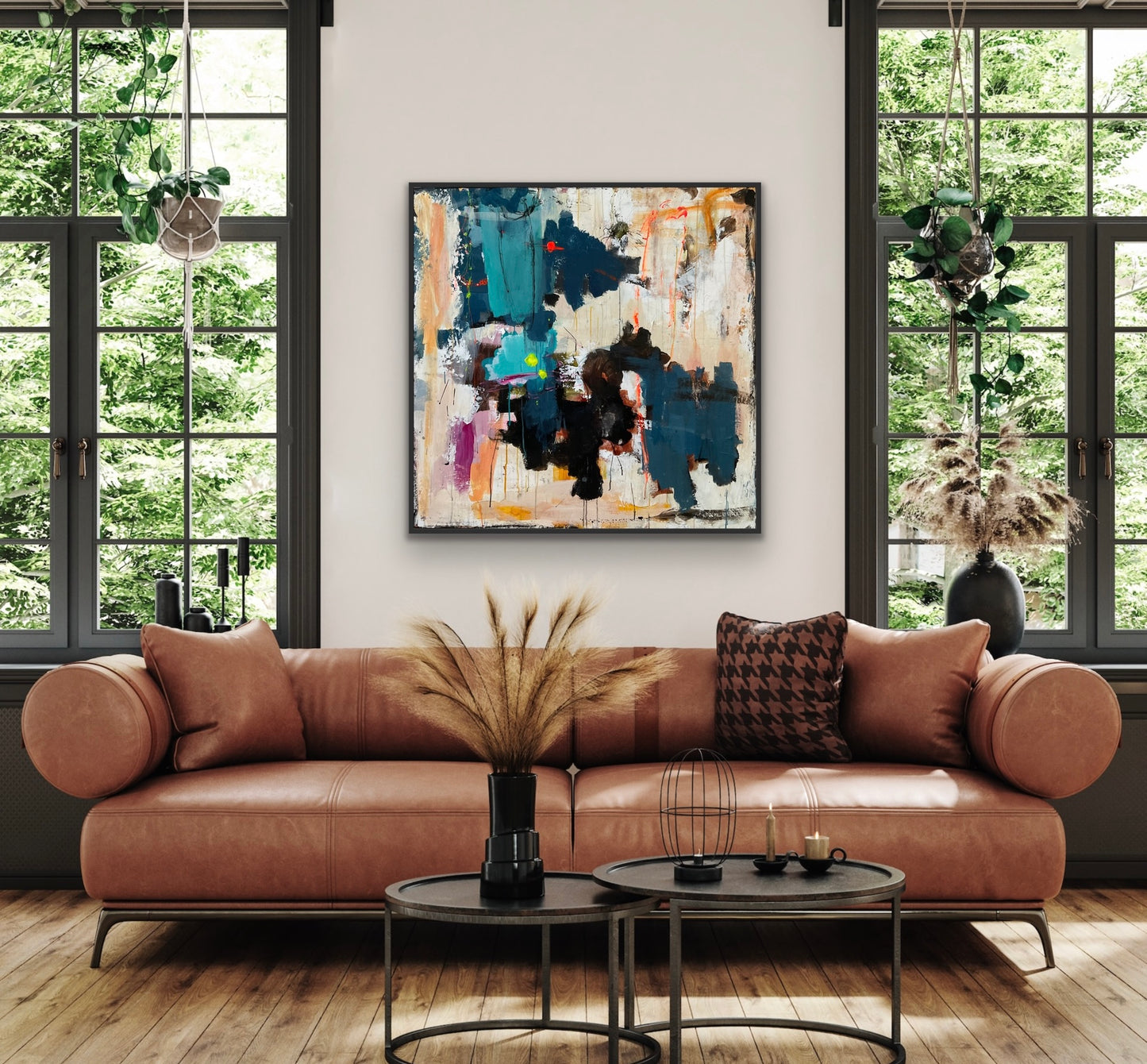 Abstrakt maleri, 100x100 cm, “DIRECTIONS” by Lone Reedtz , Abstrakt ekspressivt akrylmaleri på lærred Med sort svæveramme Blue Brown Green Grey Kunstsamlingen-katalog-2025 Orange Pink White Yellow