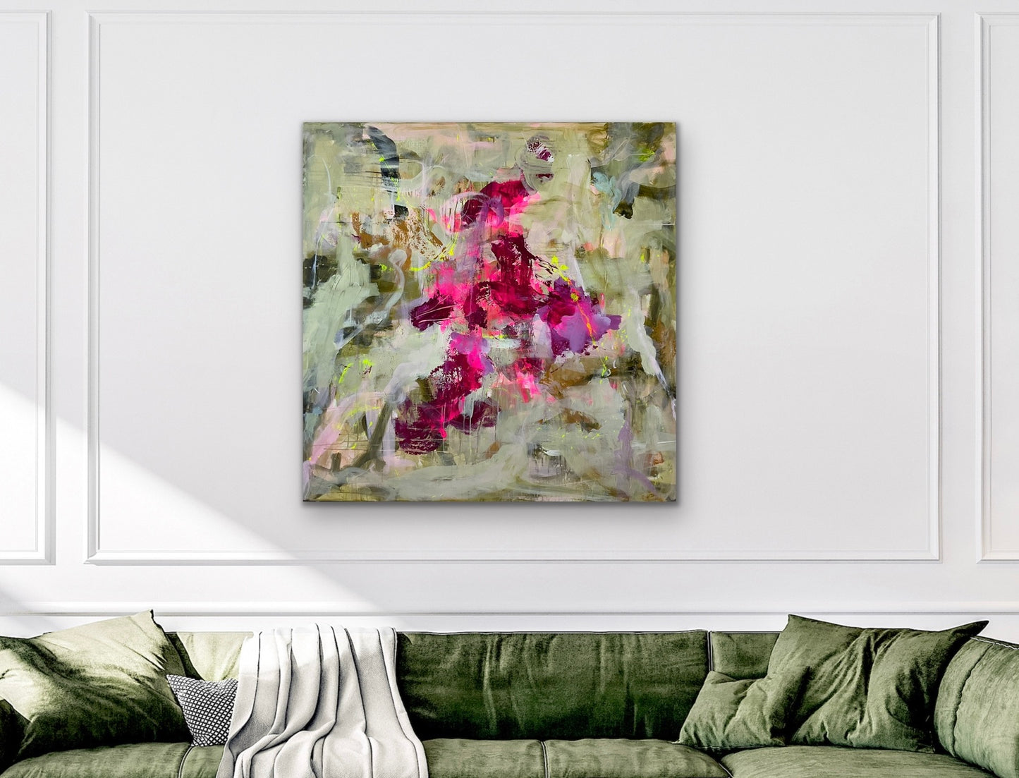 Abstrakt maleri, 120x120 cm, "MAGICAL" by Lone Reedtz , Abstrakt ekspressivt akrylmaleri på lærred Black Green Grey Ochre Pink Purple White Yellow