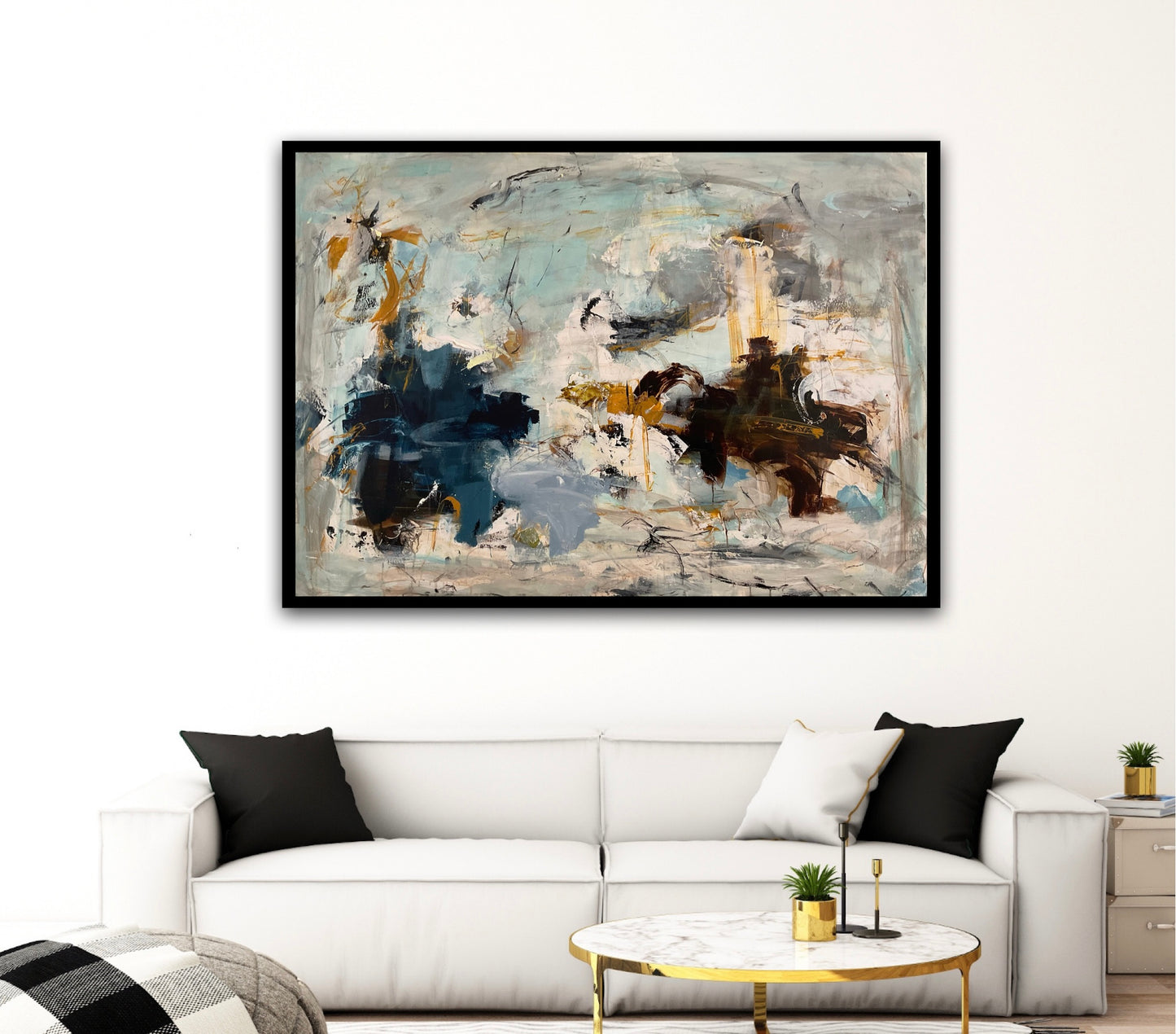 Abstrakt maleri, 100x140 cm, "Fly bird" by Lone Reedtz , Abstrakt ekspressivt akrylmaleri på lærred Med sort svæveramme Black Blue Brown Grey Ochre Orange Pink White