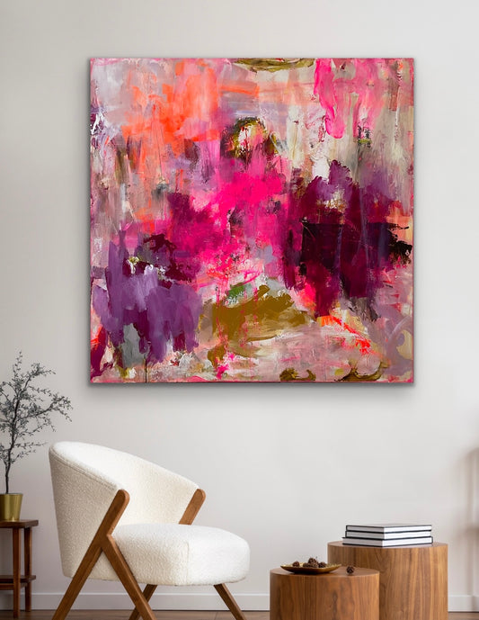 120x120 cm, "ROSE” by Lone Reedtz , Abstrakt ekspressivt akrylmaleri på lærred Uden ramme