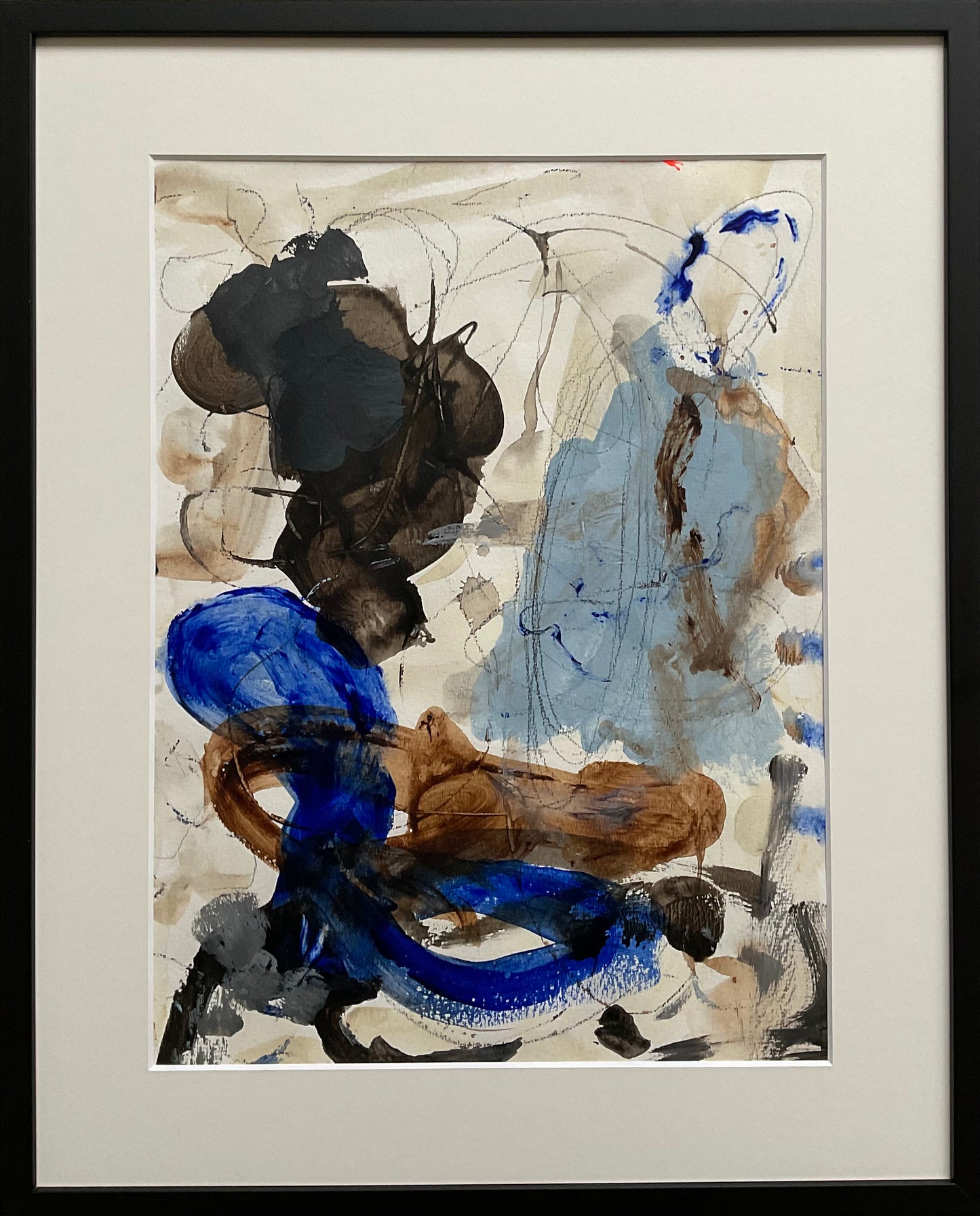 Paperwork nr. 72, 40x50 cm med sort træramme by Lone Reedtz , Abstrakt ekspressivt akrylmaleri på papir i passepartout Black Blue Brown Grey White