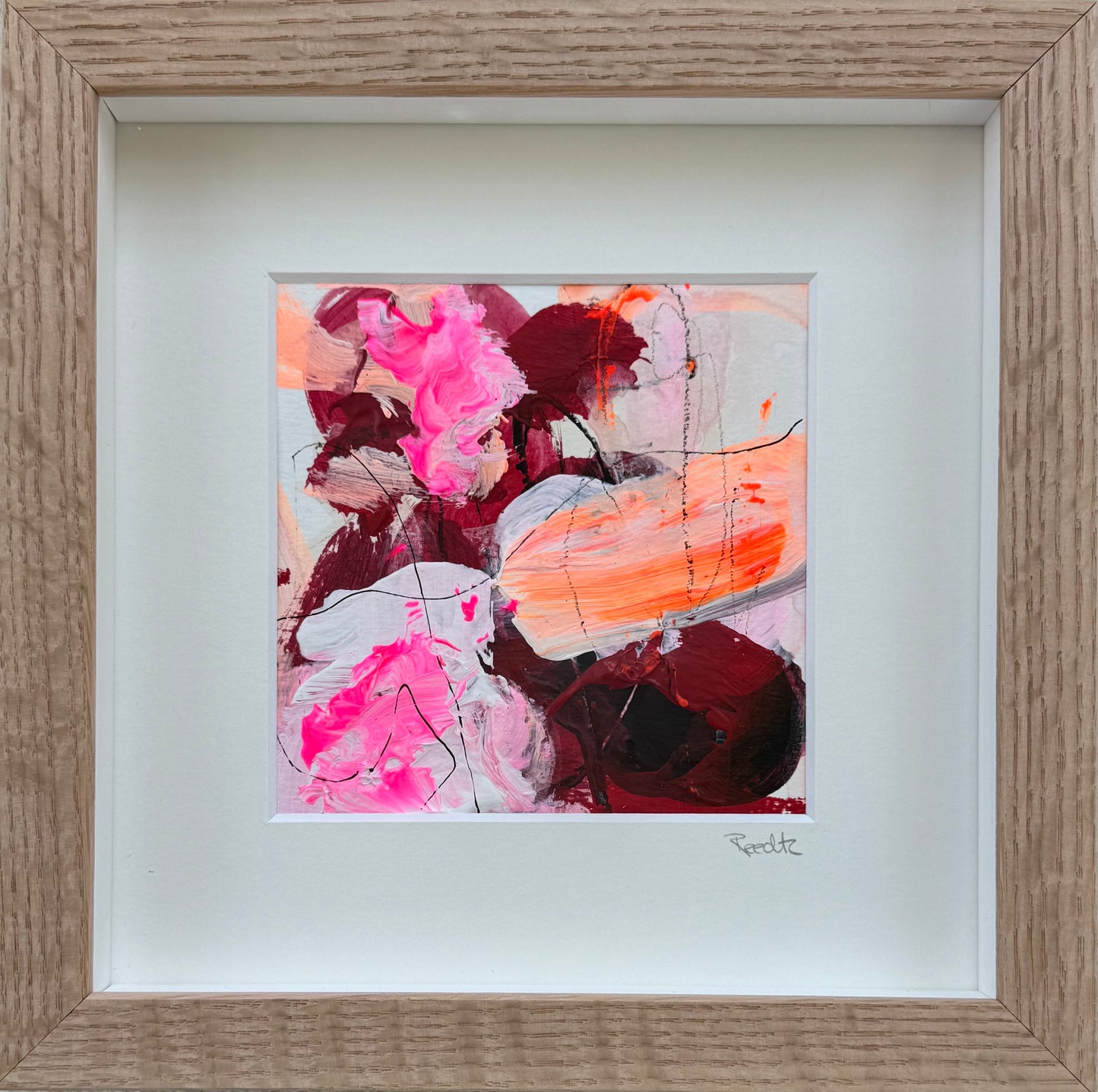 Paperwork nr. 127, 20x20 cm, i boksramme af massivt egetræ by Lone Reedtz , Abstrakt ekspressivt akrylmaleri på papir i passepartout