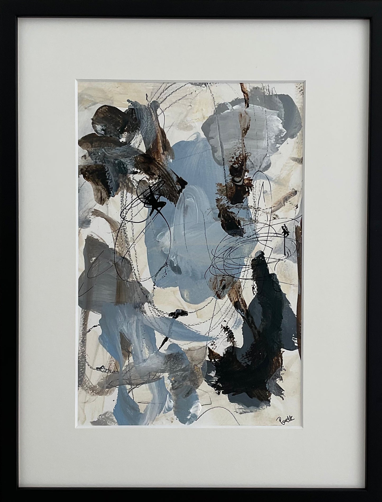 Paperwork nr. 54, 30x40 cm med sort træramme by Lone Reedtz , Abstrakt ekspressivt akrylmaleri på papir i passepartout