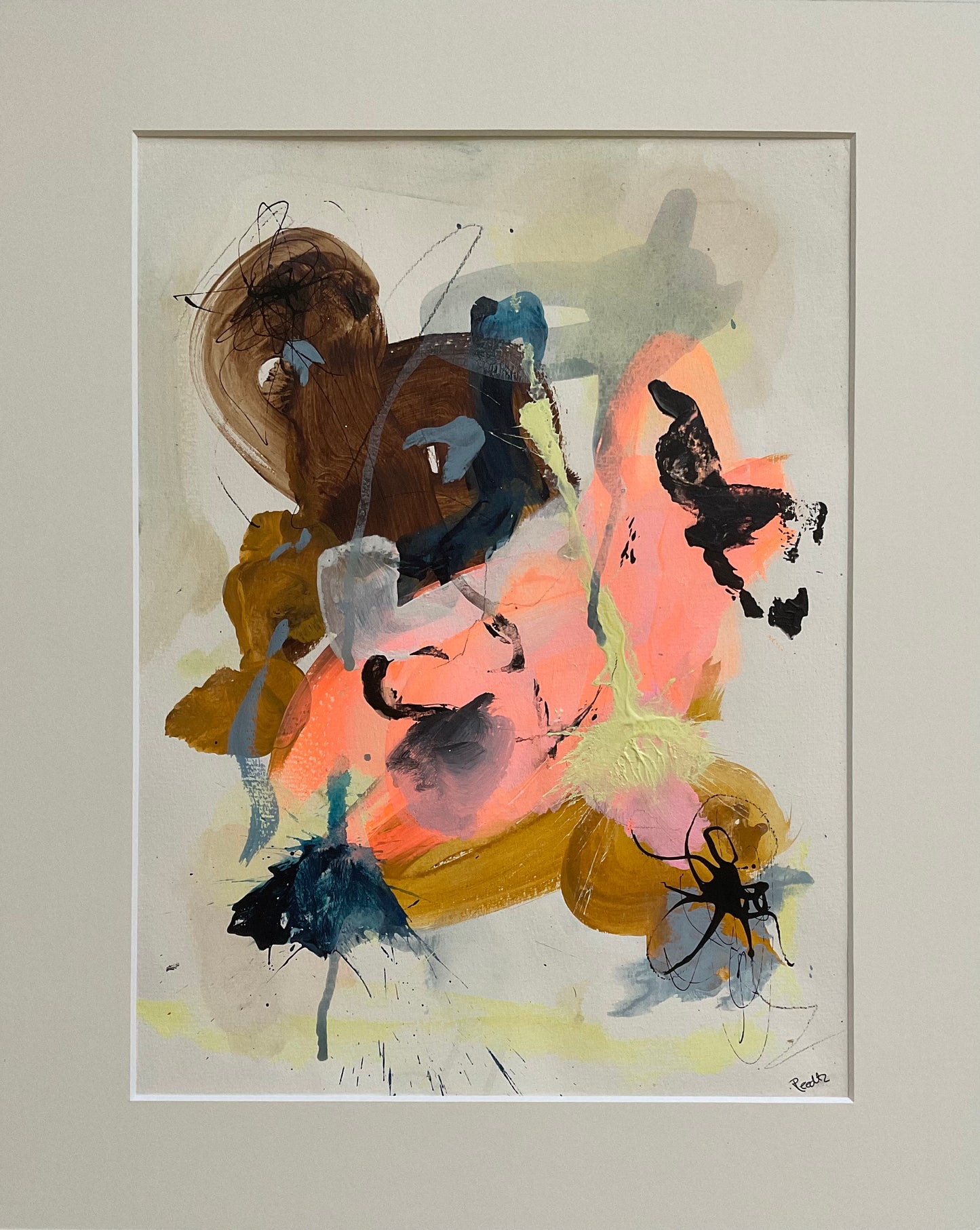 Paperwork nr. 6, 40x50 cm med valgfri indramning by Lone Reedtz , Abstrakt ekspressivt akrylmaleri på papir i passepartout Uden ramme
