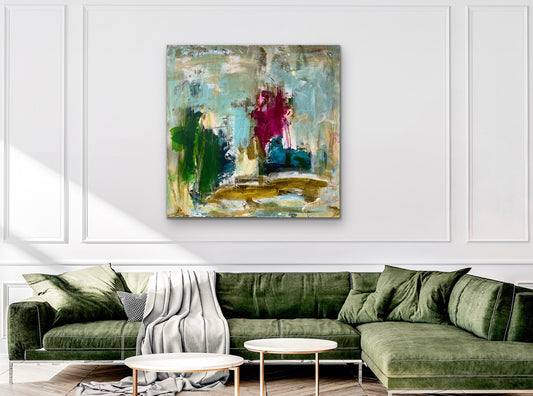 Abstrakt maleri, 120x120 cm, "YOUR TIME” by Lone Reedtz , Abstrakt ekspressivt akrylmaleri på lærred Uden ramme