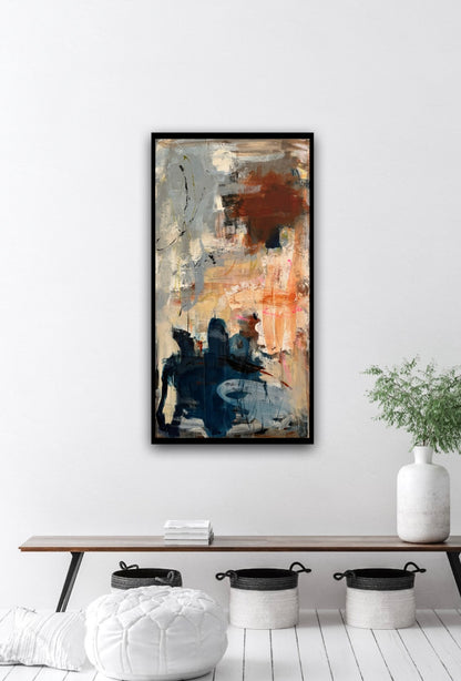 Abstrakt maleri, 100x50 cm, "A beautiful time" by Lone Reedtz , Abstrakt ekspressivt akrylmaleri på lærred Med sort svæveramme Black Blue Brown Golden Ochre Pink White