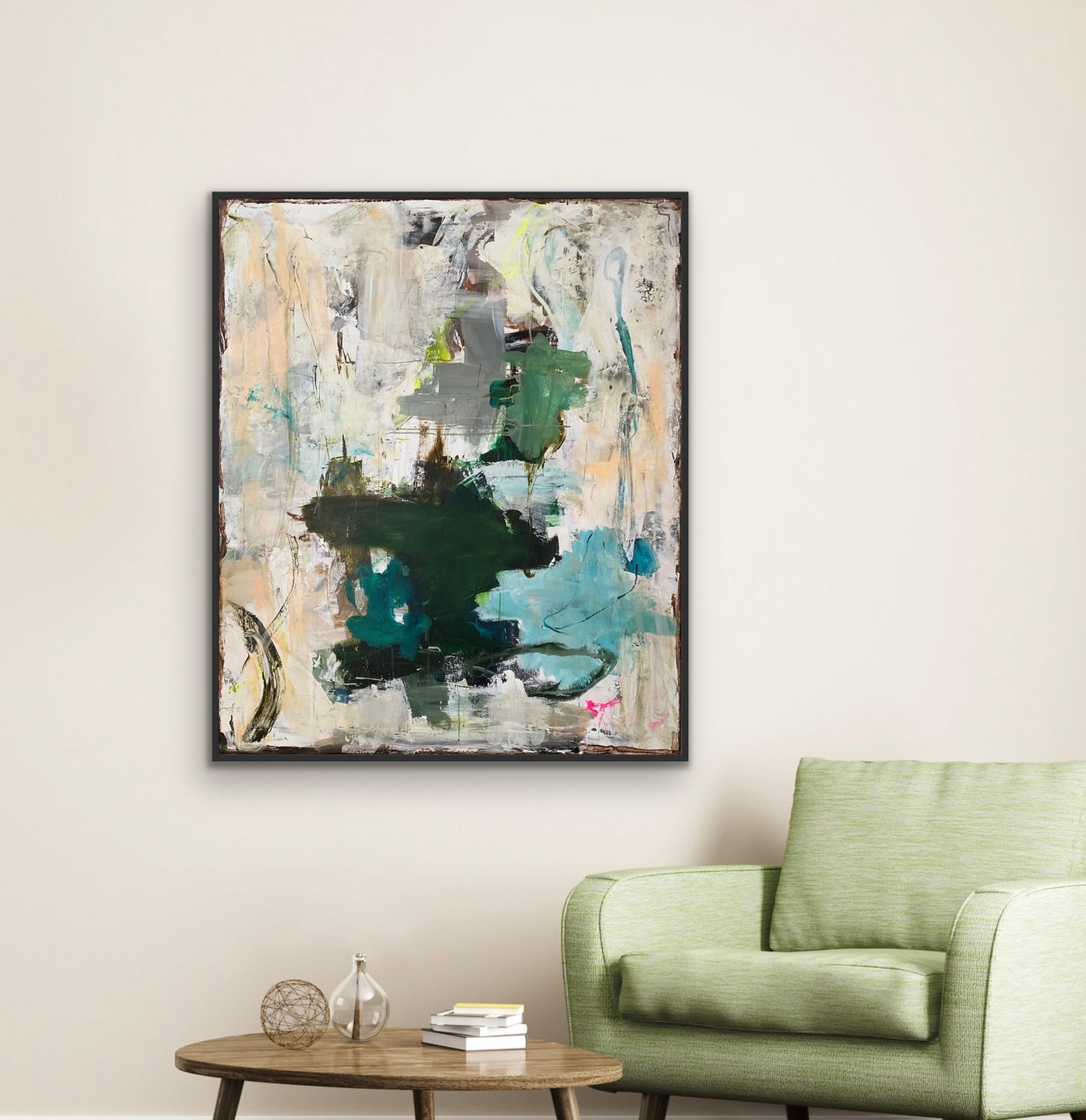Abstrakt maleri, 120x100 cm, “STRONG” by Lone Reedtz , Abstrakt ekspressivt akrylmaleri på lærred Med sort svæveramme Blue Brown Green Grey Kunstsamlingen-katalog-2025 Orange Pink White Yellow