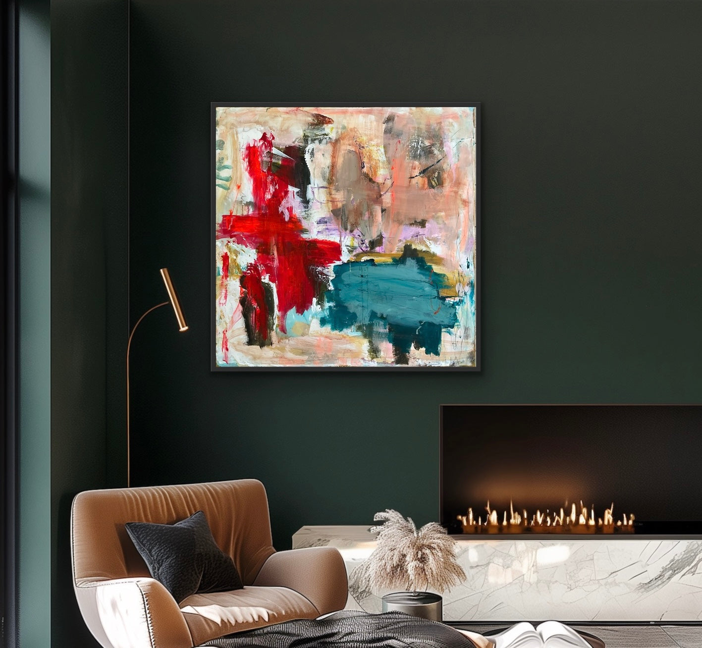 Abstrakt maleri, 80x80 cm, ”THE FUTURE UNFOLDS” by Lone Reedtz , Abstrakt ekspressivt akrylmaleri på lærred