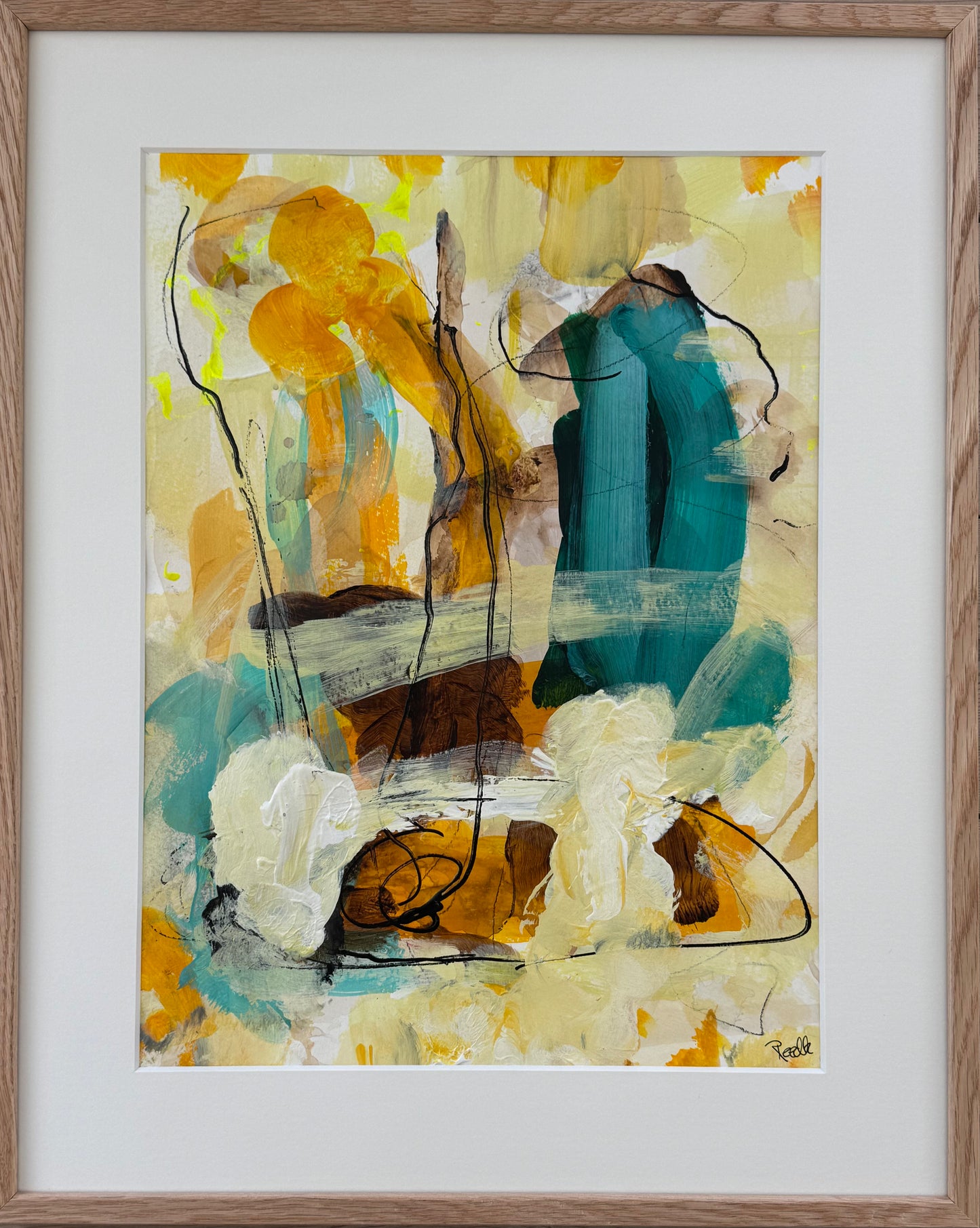 Paperwork, 50x40 cm, med massiv egetræsramme by Lone Reedtz , Abstrakt ekspressivt akrylmaleri på papir i passepartout Childish