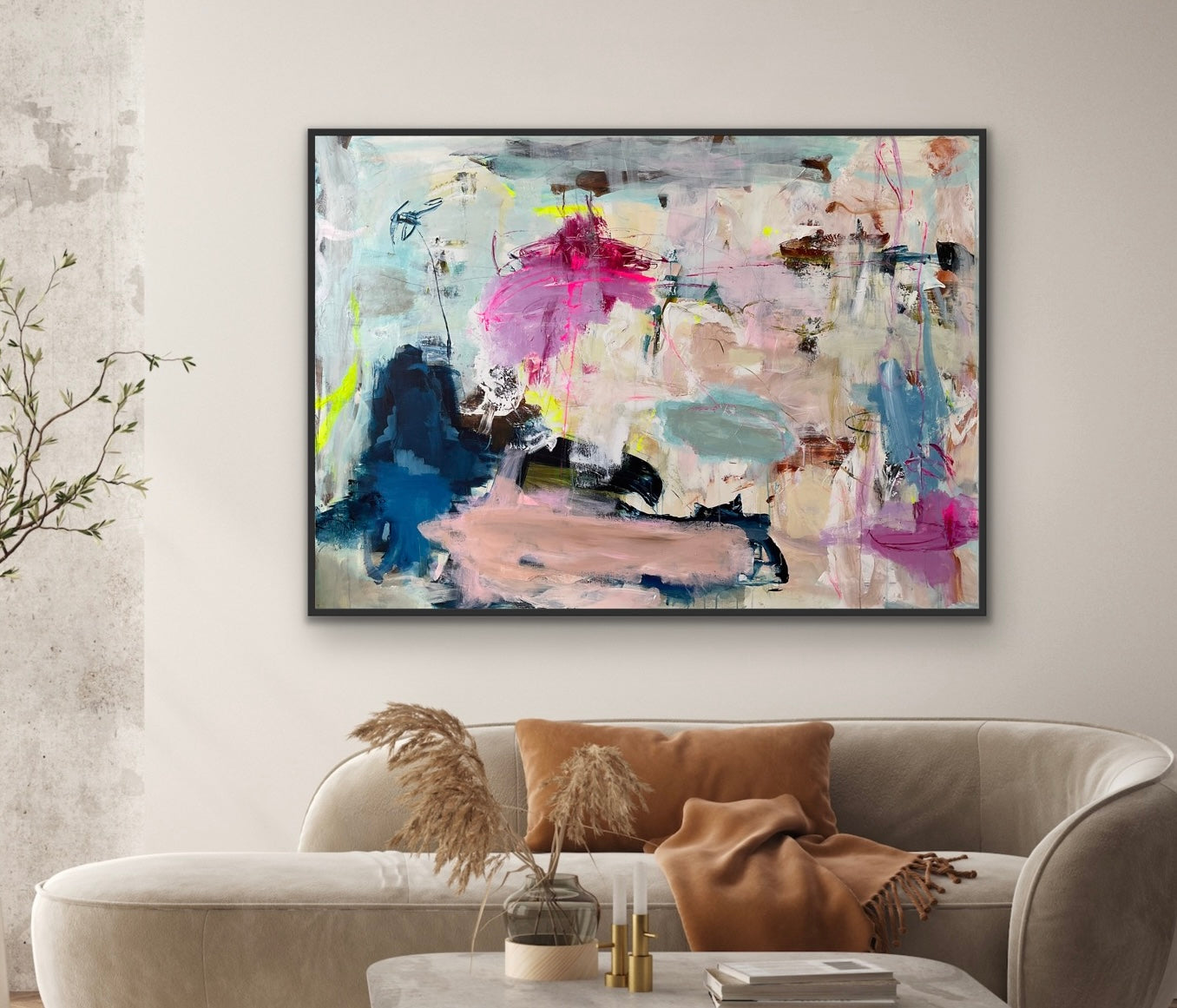Abstrakt maleri, 100x140 cm, ”GRATEFUL” by Lone Reedtz , Abstrakt ekspressivt akrylmaleri på lærred Med sort svæveramme